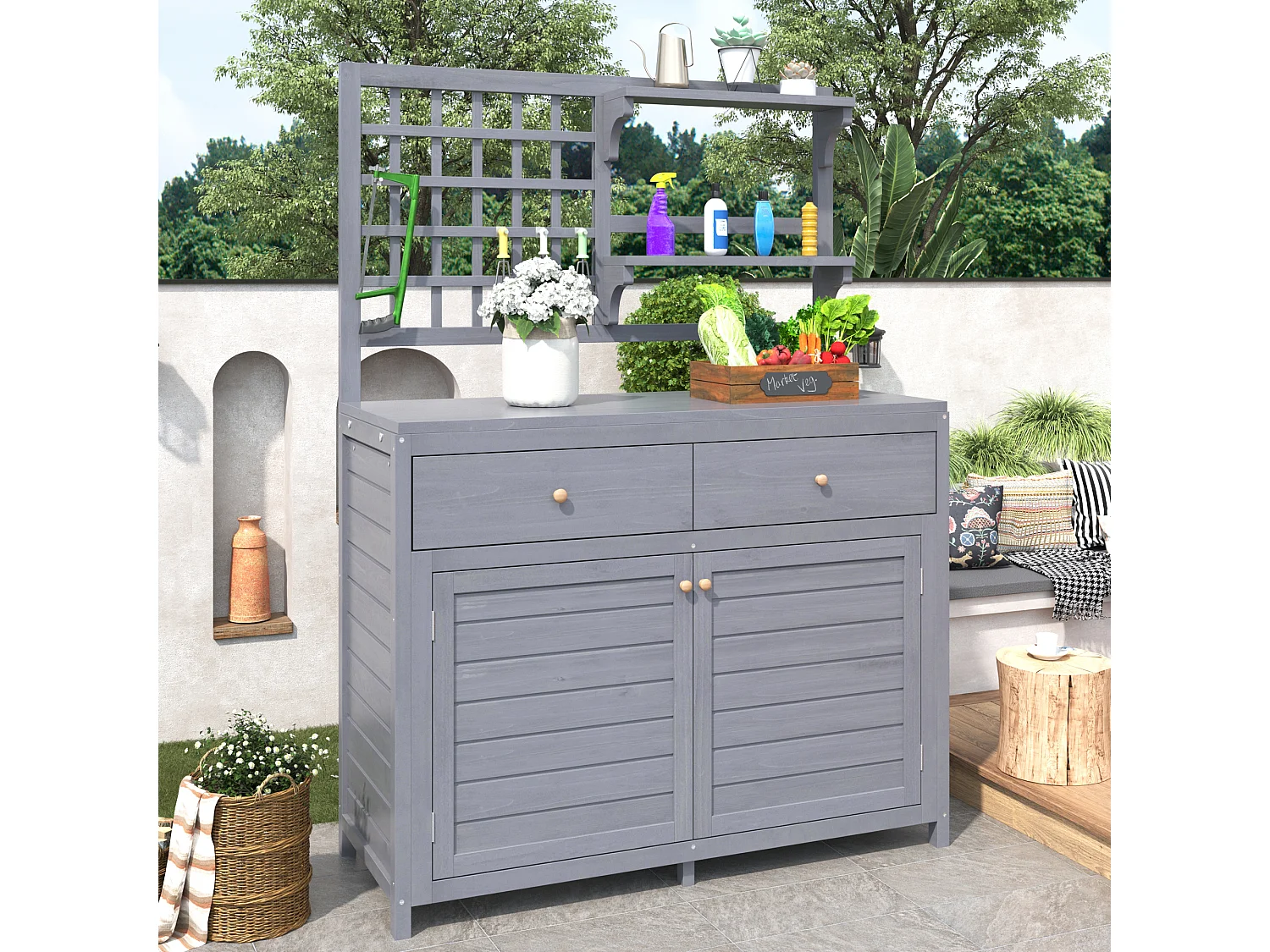 Mobiletto da giardino, casetta da giardino in legno massello con 2 ante, 2 cassetti e ripiano portaoggetti - 141,5 x 44 x 105 - Grigio