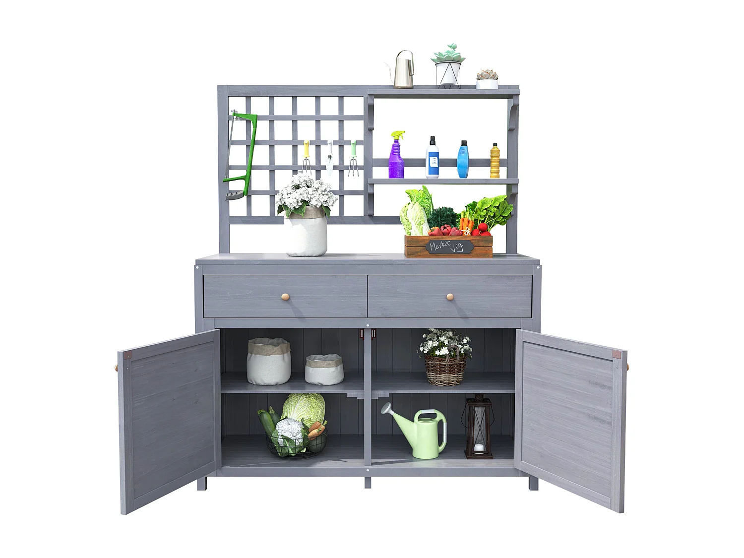 Mobiletto da giardino, casetta da giardino in legno massello con 2 ante, 2 cassetti e ripiano portaoggetti - 141,5 x 44 x 105 - Grigio