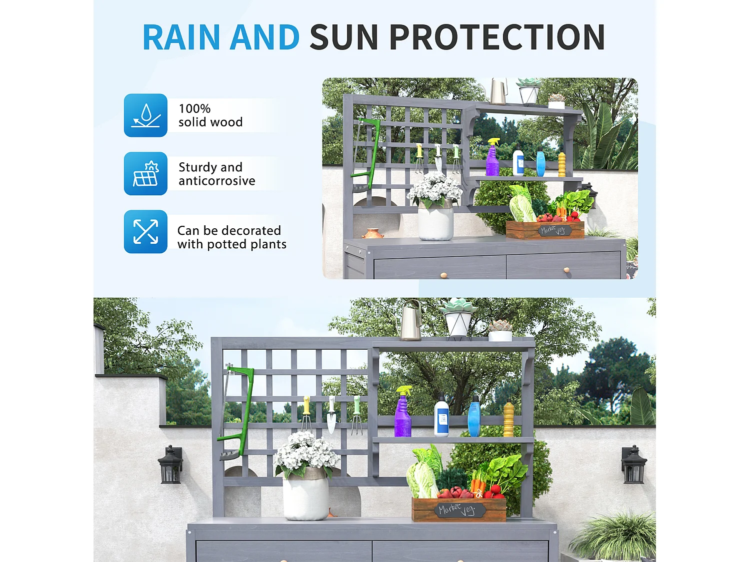 Mobiletto da giardino, casetta da giardino in legno massello con 2 ante, 2 cassetti e ripiano portaoggetti - 141,5 x 44 x 105 - Grigio
