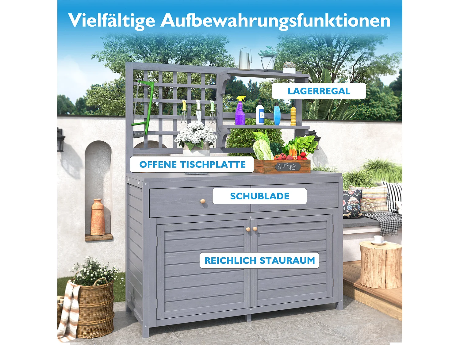 Mobiletto da giardino, casetta da giardino in legno massello con 2 ante, 2 cassetti e ripiano portaoggetti - 141,5 x 44 x 105 - Grigio