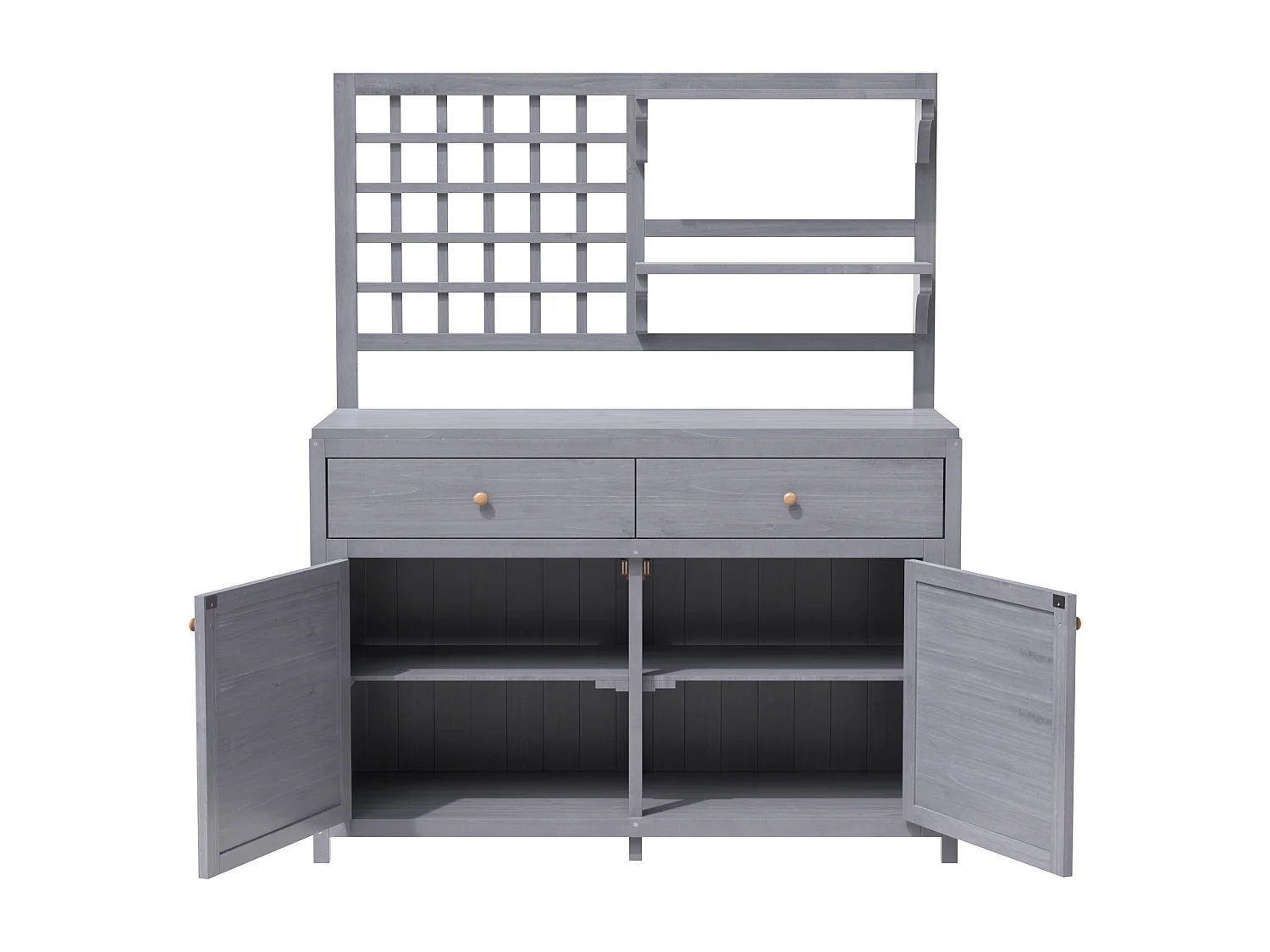 Mobiletto da giardino, casetta da giardino in legno massello con 2 ante, 2 cassetti e ripiano portaoggetti - 141,5 x 44 x 105 - Grigio