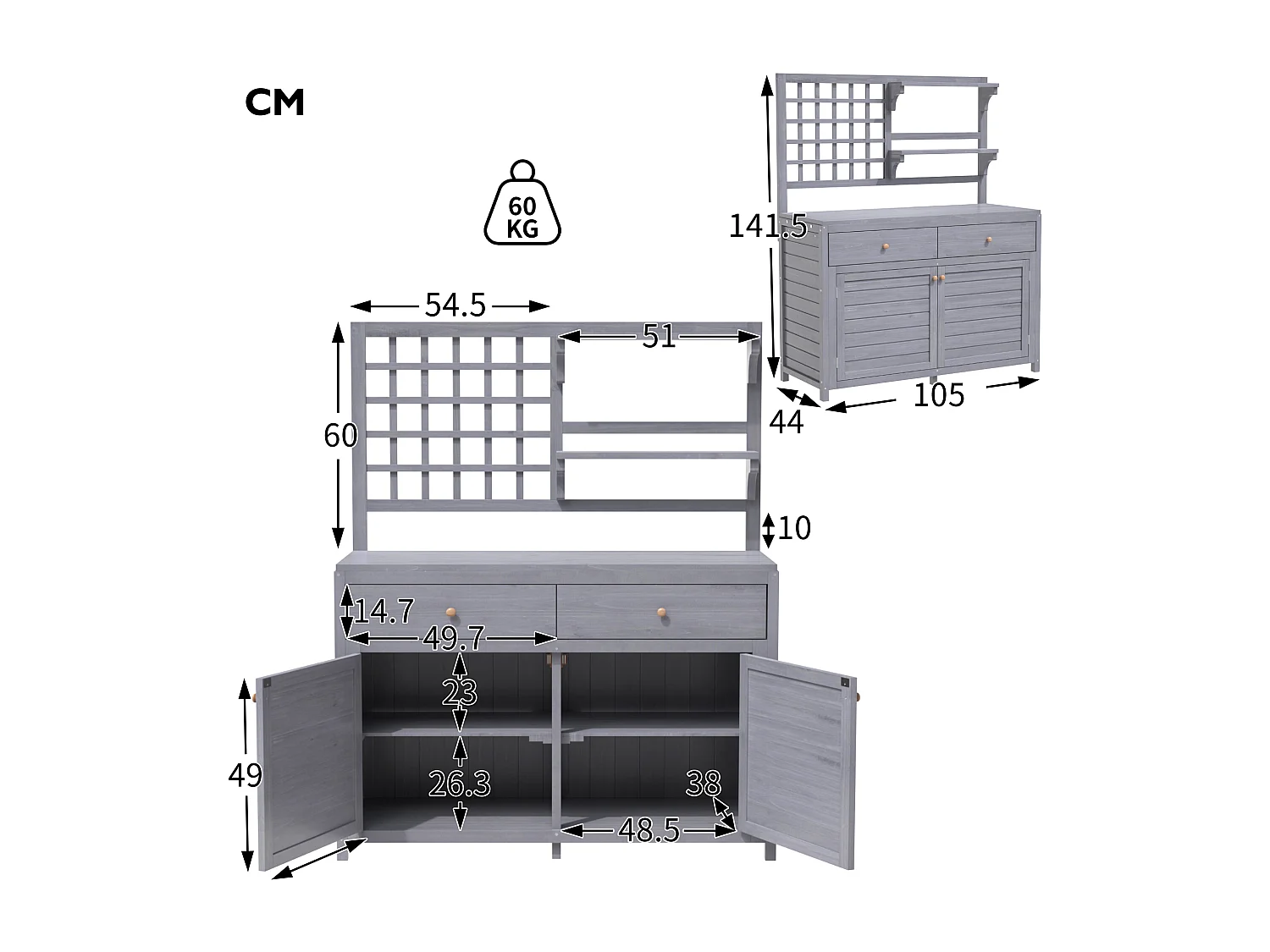 Mobiletto da giardino, casetta da giardino in legno massello con 2 ante, 2 cassetti e ripiano portaoggetti - 141,5 x 44 x 105 - Grigio