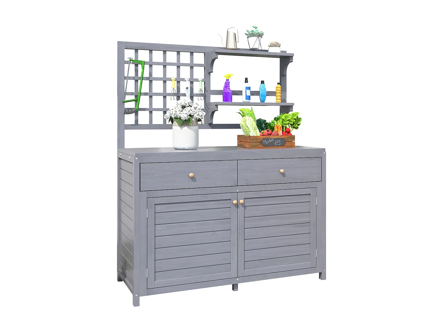 Mobiletto da giardino, casetta da giardino in legno massello con 2 ante, 2 cassetti e ripiano portaoggetti - 141,5 x 44 x 105 - Grigio