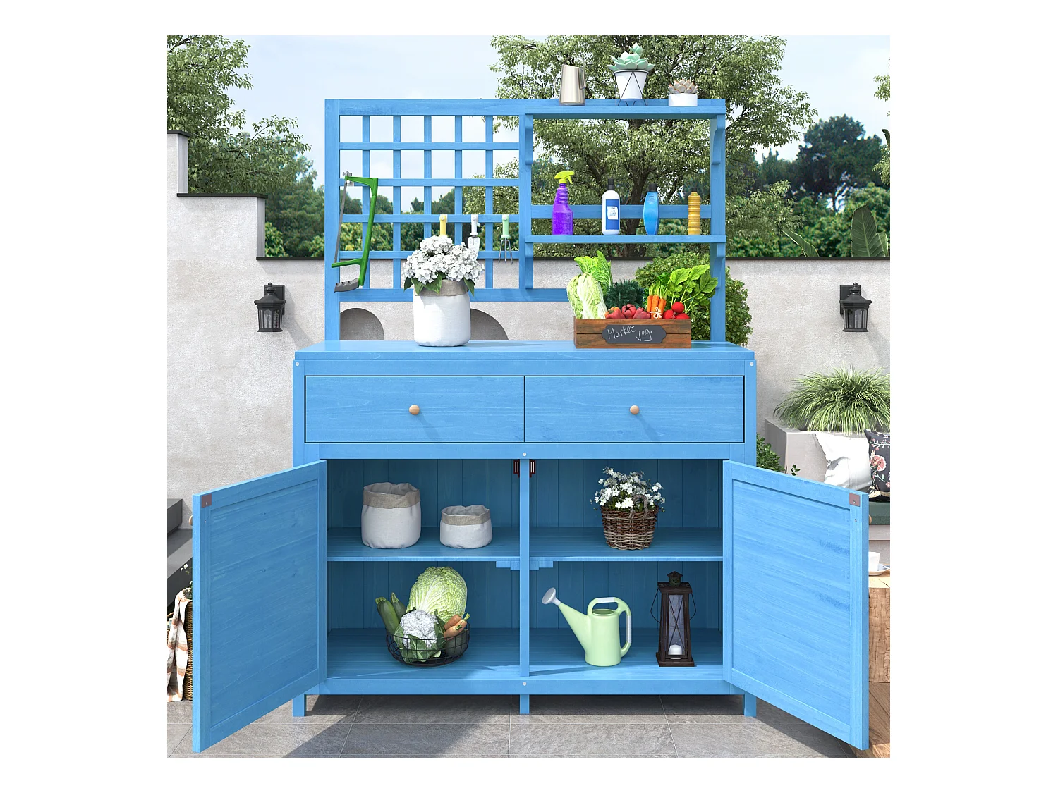 Armoire de jardin, abri de jardin en bois massif avec 2 portes, 2 tiroirs et étagère de rangement - 141.5 x 44 x 105 - Bleu