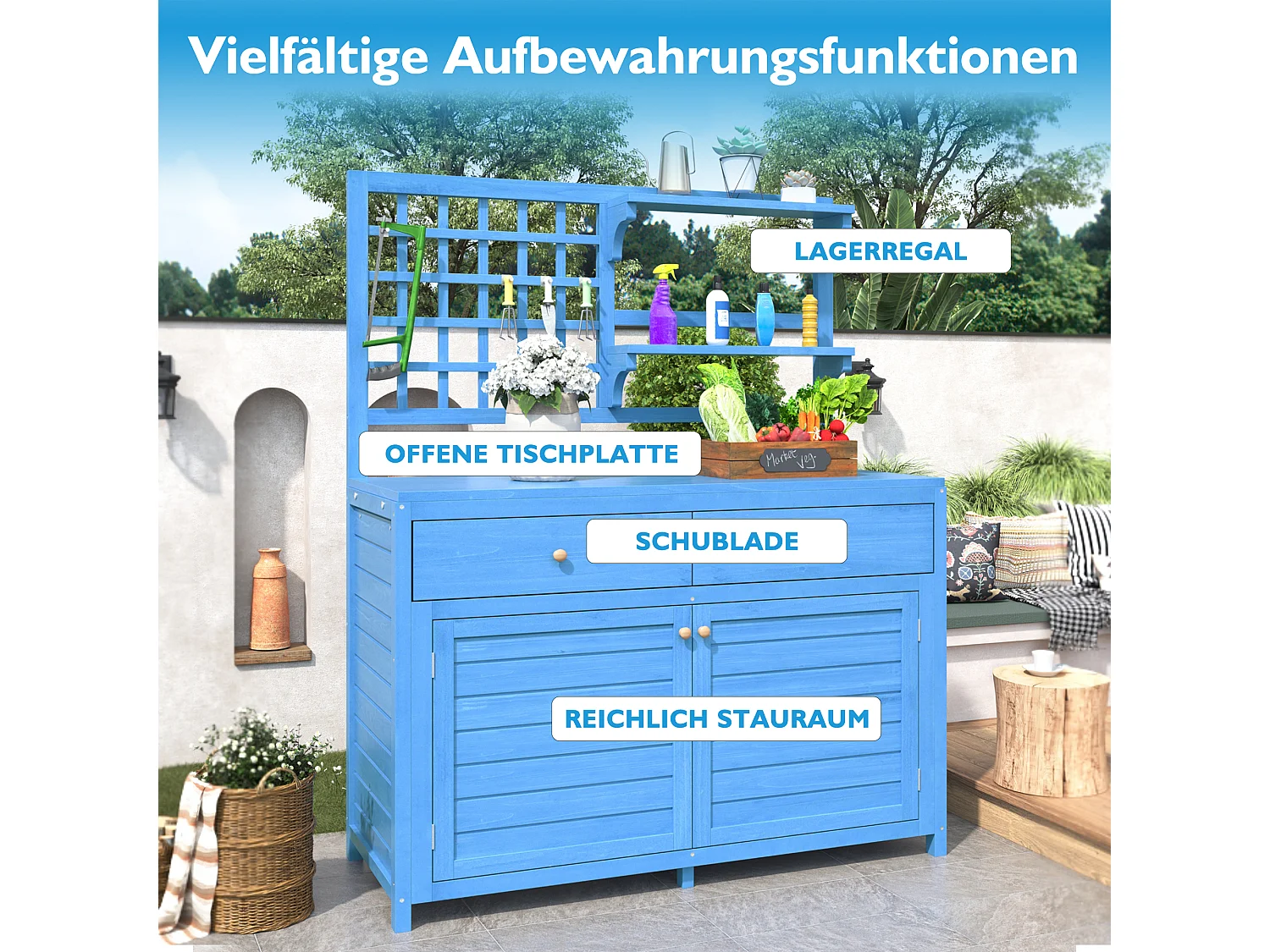 Tuinkast, massief houten tuinhuis met 2 deuren, 2 laden en opbergplank - 141,5 x 44 x 105 - Blauw