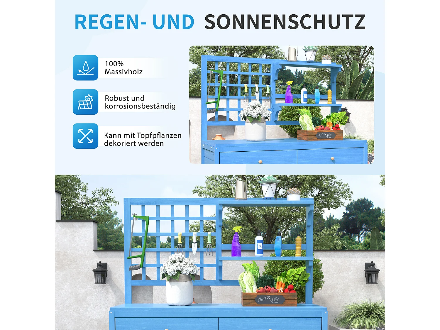 Tuinkast, massief houten tuinhuis met 2 deuren, 2 laden en opbergplank - 141,5 x 44 x 105 - Blauw