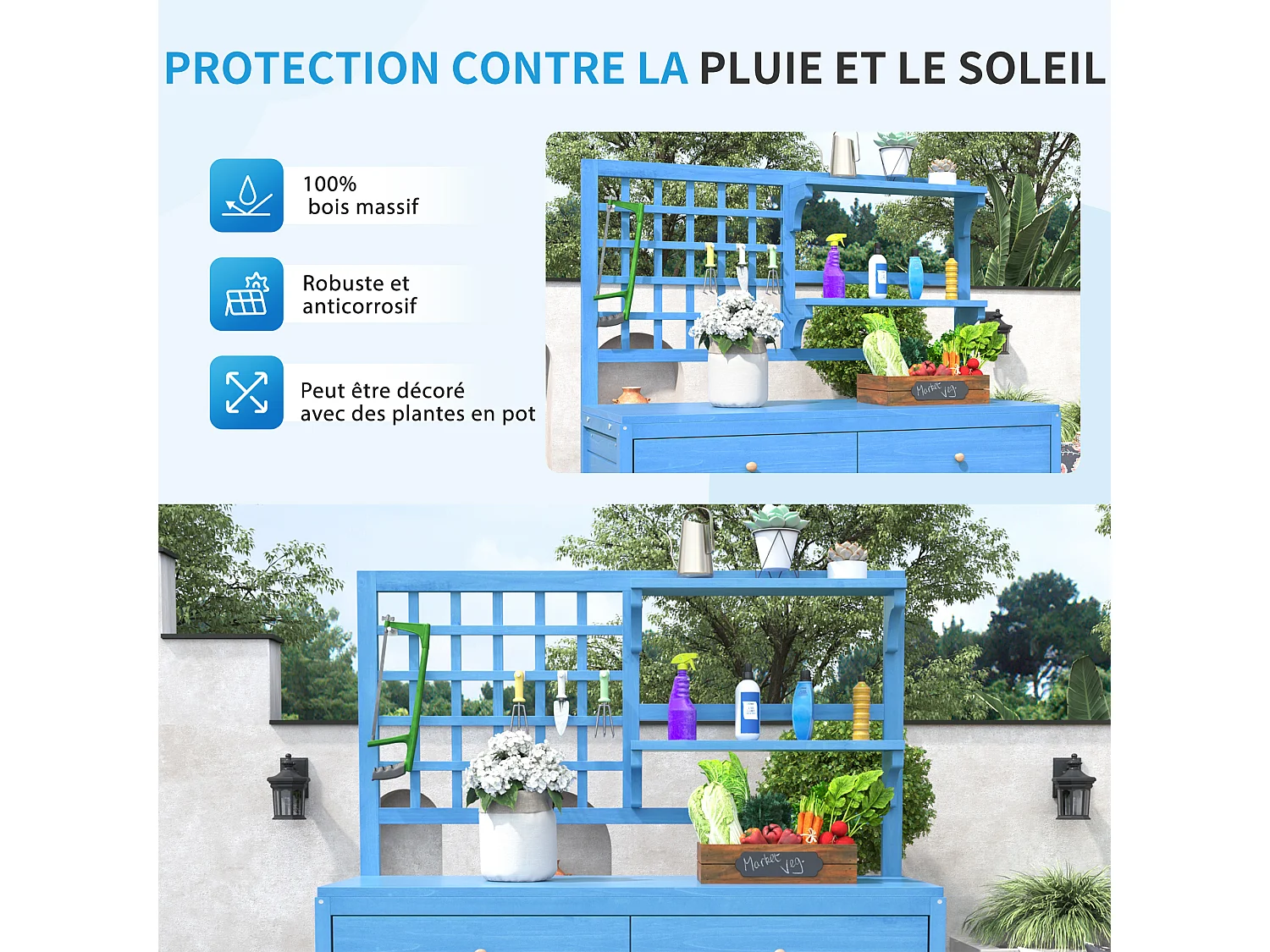 Tuinkast, massief houten tuinhuis met 2 deuren, 2 laden en opbergplank - 141,5 x 44 x 105 - Blauw