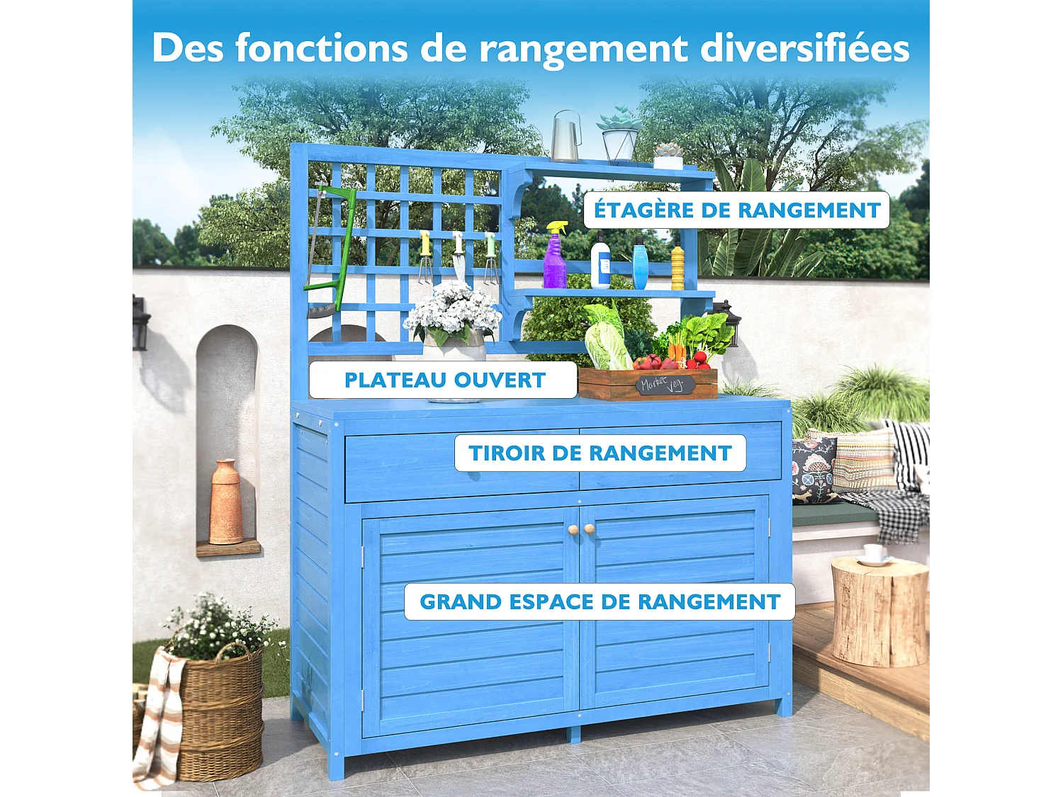 Tuinkast, massief houten tuinhuis met 2 deuren, 2 laden en opbergplank - 141,5 x 44 x 105 - Blauw