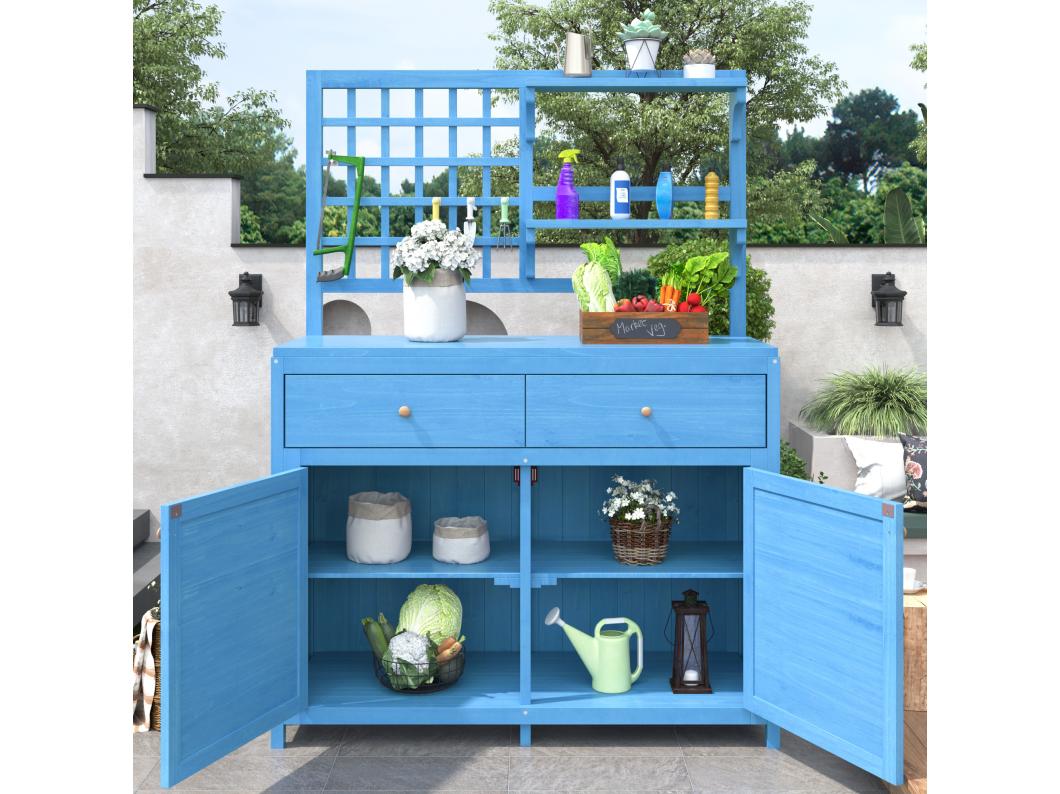 Mobiletto da giardino, casetta da giardino in legno massello con 2 ante, 2 cassetti e ripiano portaoggetti - 141,5 x 44 x 105 - Blu