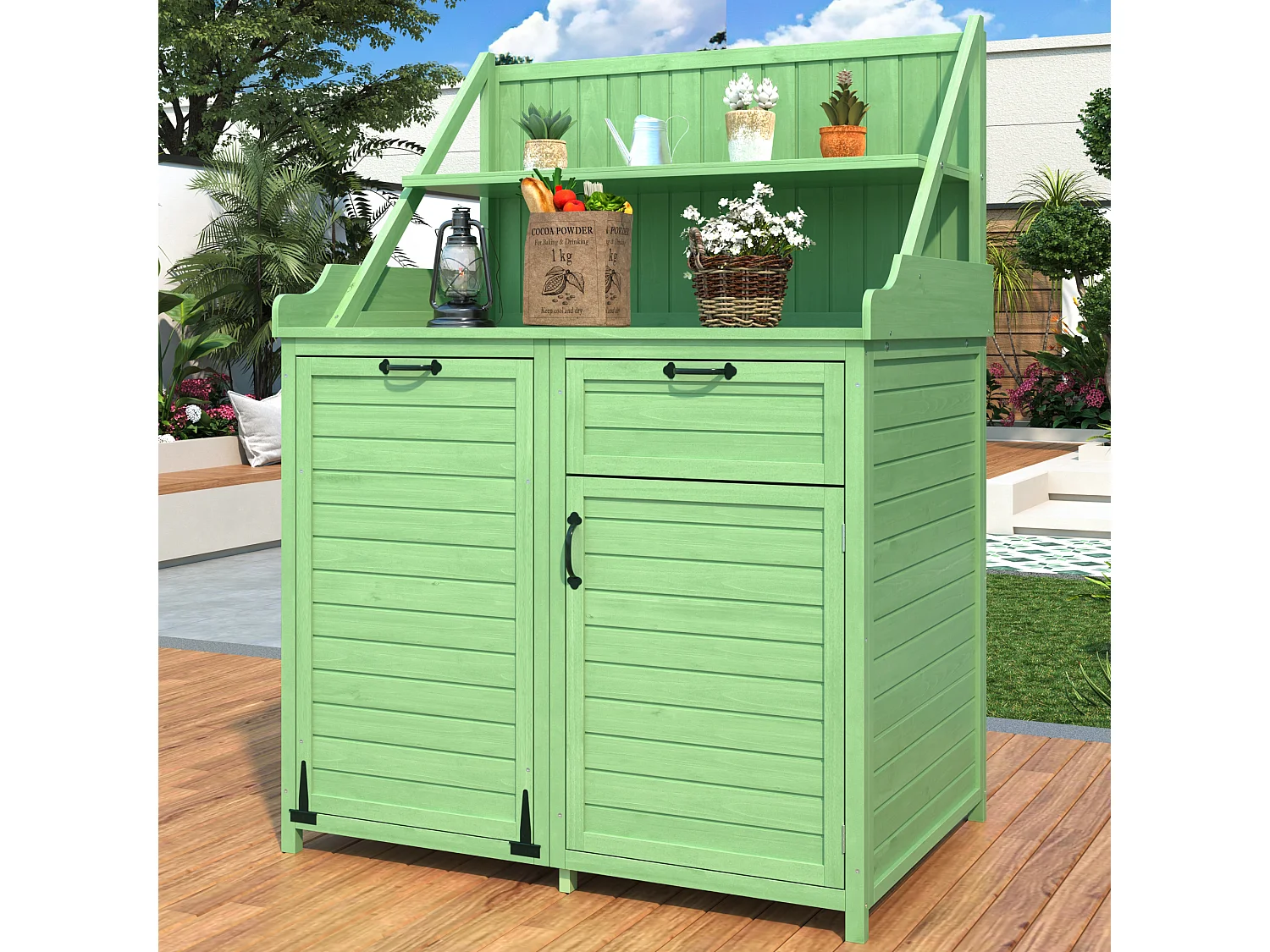 Mobiletto da giardino, casetta da giardino in legno massello con 2 ante, 1 cassetto e ripiani portaoggetti - 100 x 43 x 154 cm - Verde