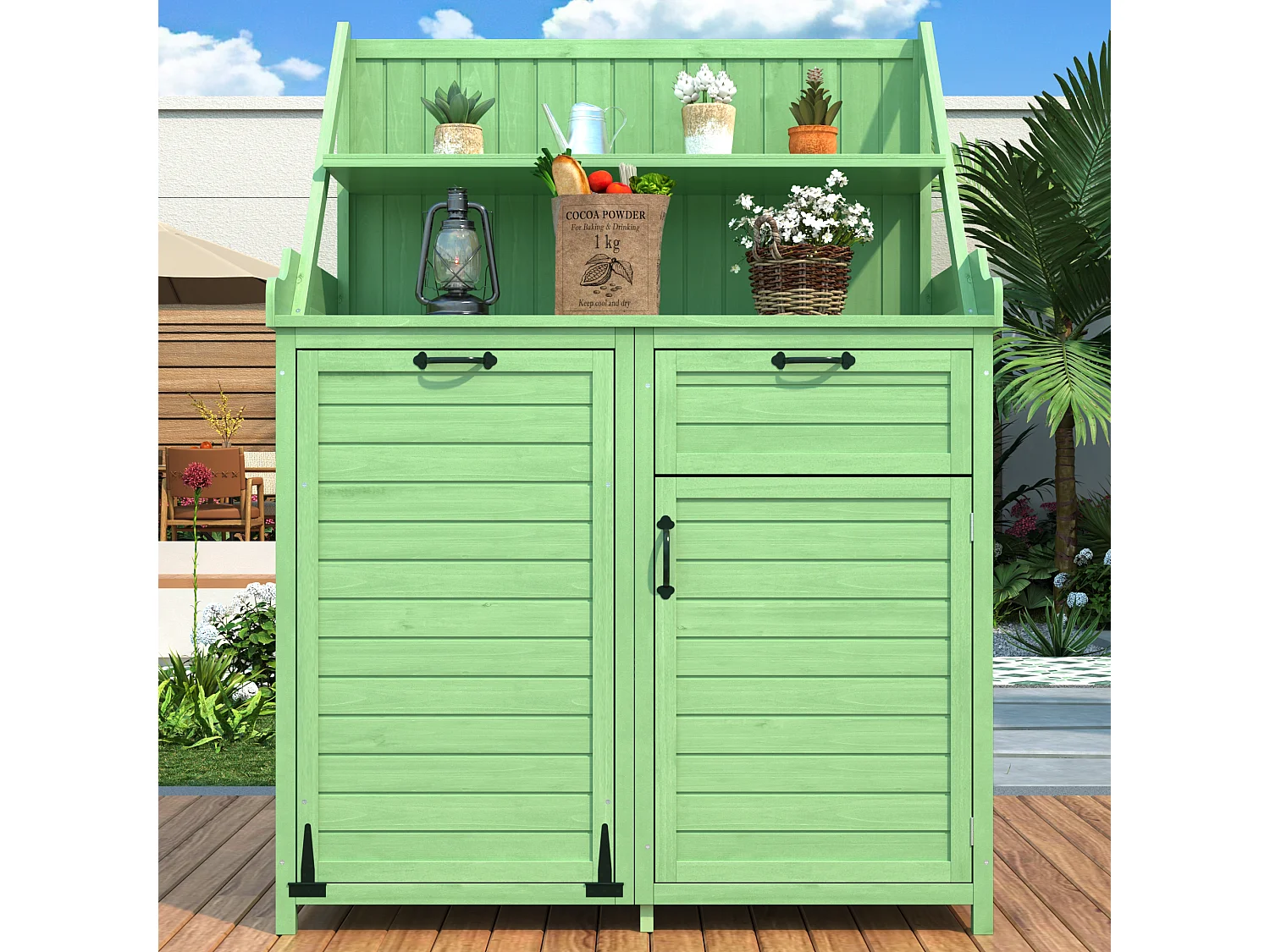 Mobiletto da giardino, casetta da giardino in legno massello con 2 ante, 1 cassetto e ripiani portaoggetti - 100 x 43 x 154 cm - Verde