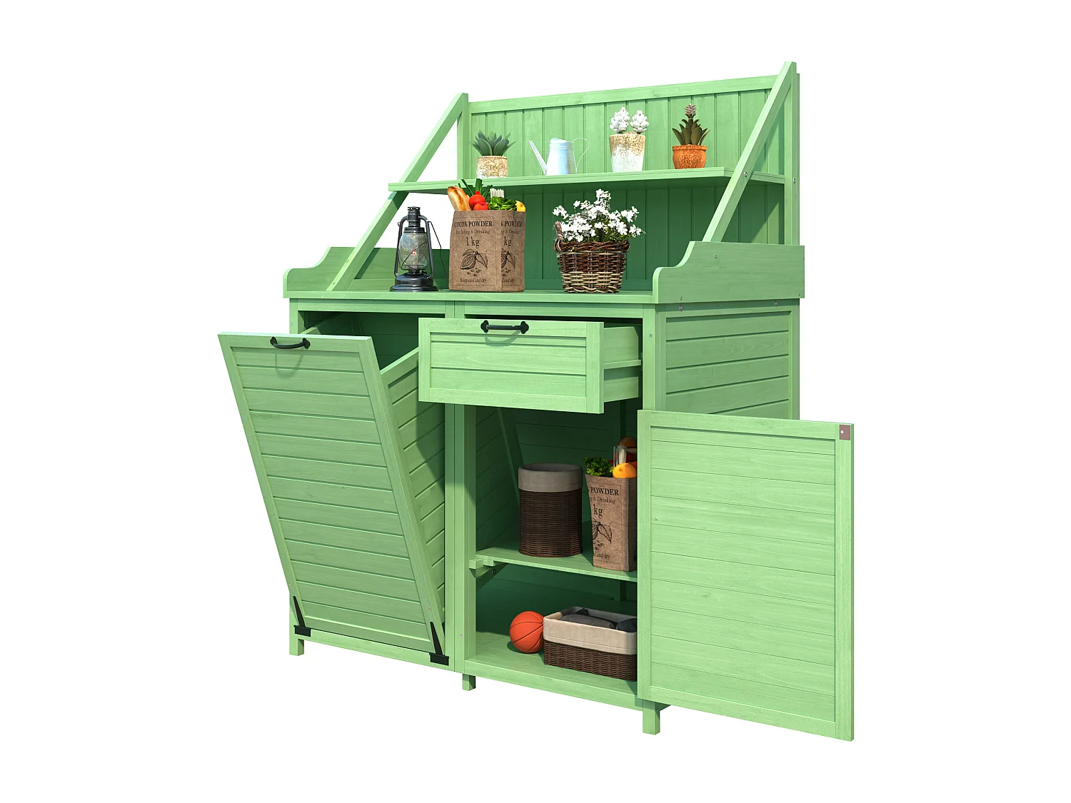 Mobiletto da giardino, casetta da giardino in legno massello con 2 ante, 1 cassetto e ripiani portaoggetti - 100 x 43 x 154 cm - Verde