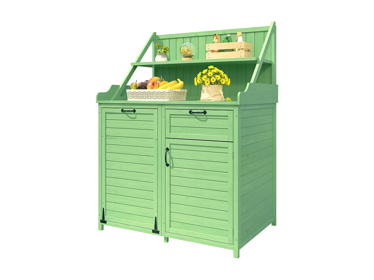 Mobiletto da giardino, casetta da giardino in legno massello con 2 ante, 1 cassetto e ripiani portaoggetti - 100 x 43 x 154 cm - Verde