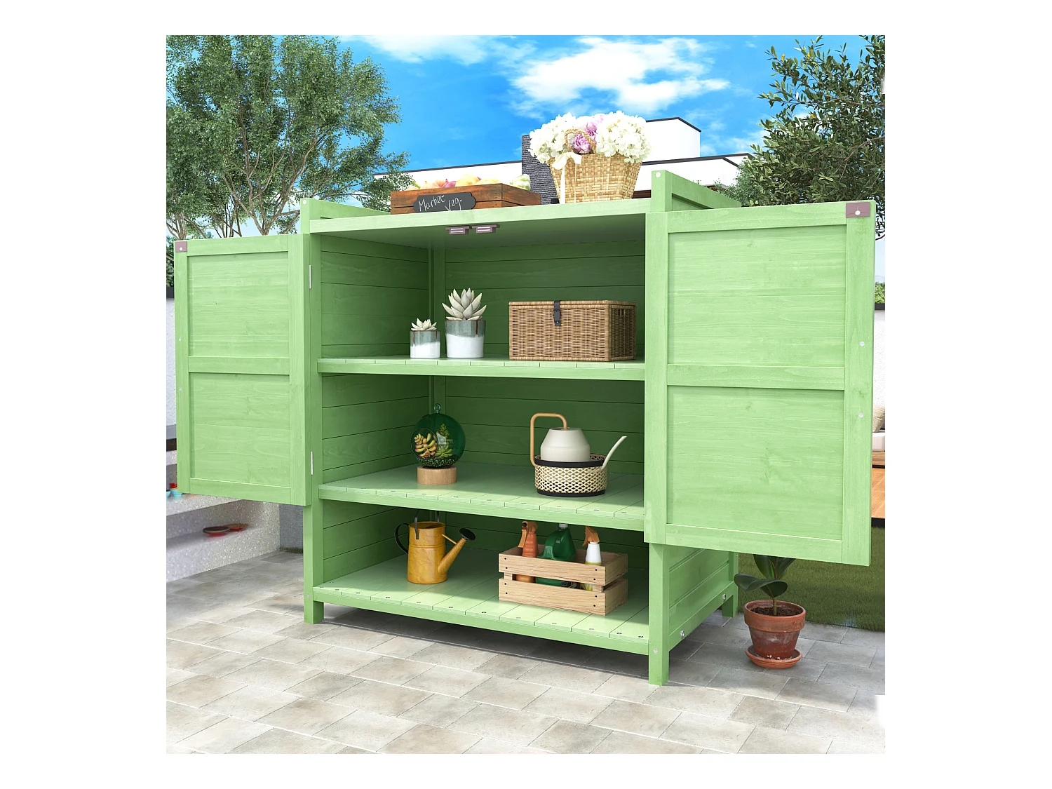 Armoire de jardin, abri de jardin en bois massif avec 2 portes et 1 compartiment - 87.7 x 40 x 70.2 cm - Vert