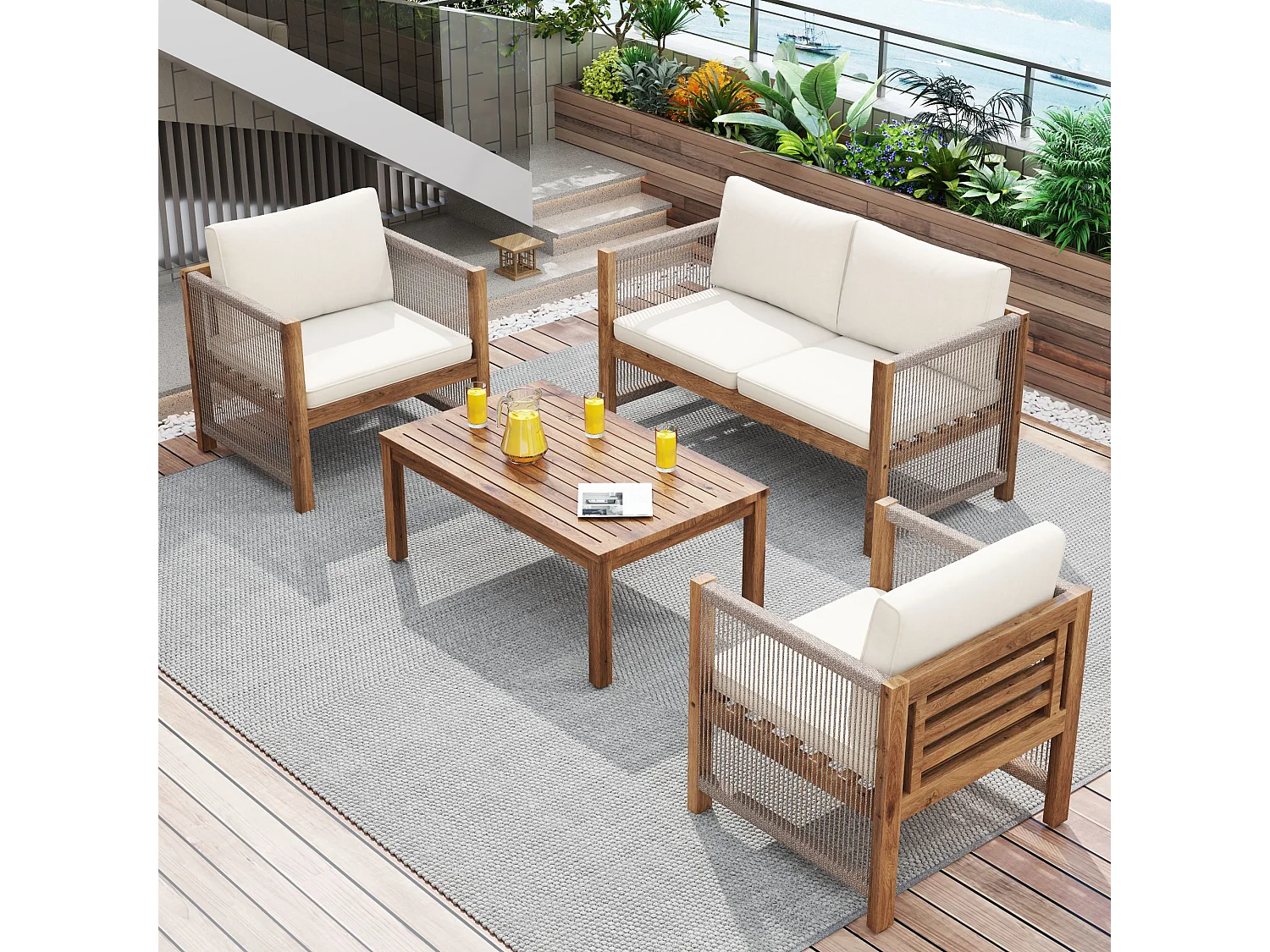 Salon de jardin modulable en bois d'acacia : 1 canapé 2 places + 2 fauteuils + 1 table basse - Beige