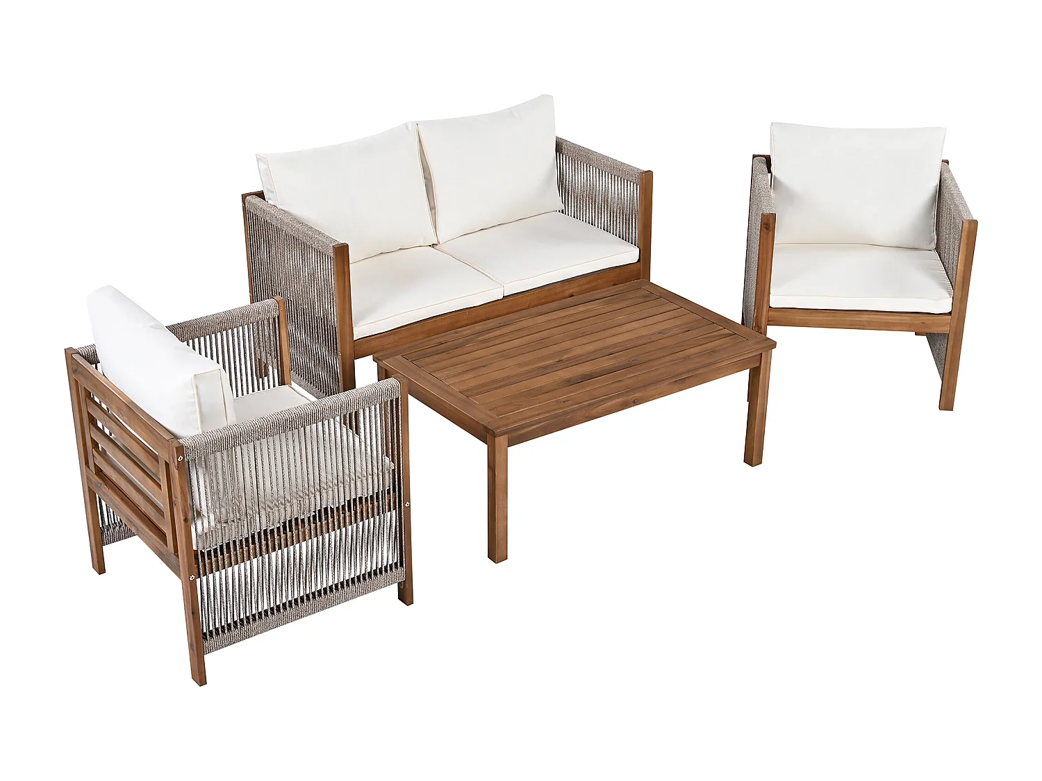 Salon de jardin modulable en bois d'acacia : 1 canapé 2 places + 2 fauteuils + 1 table basse - Beige