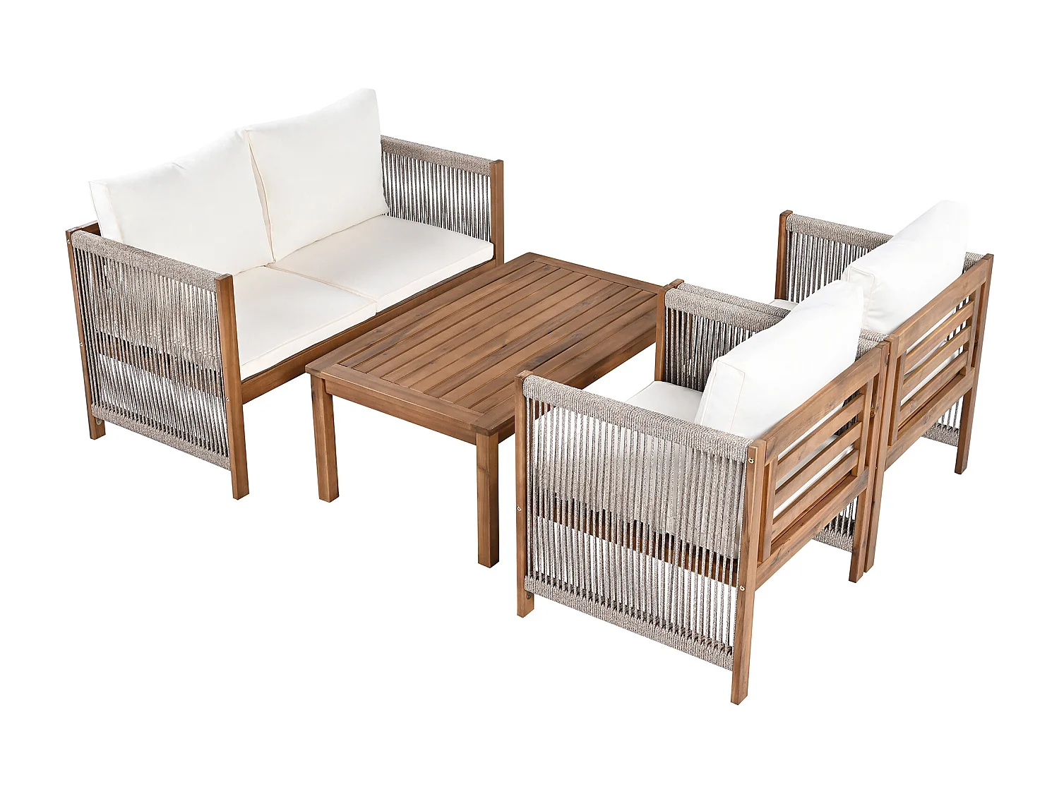 Salon de jardin modulable en bois d'acacia : 1 canapé 2 places + 2 fauteuils + 1 table basse - Beige