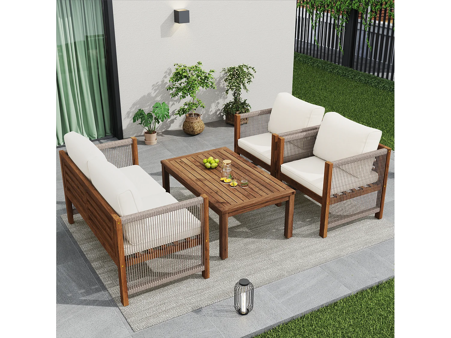 Salon de jardin modulable en bois d'acacia : 1 canapé 2 places + 2 fauteuils + 1 table basse - Beige
