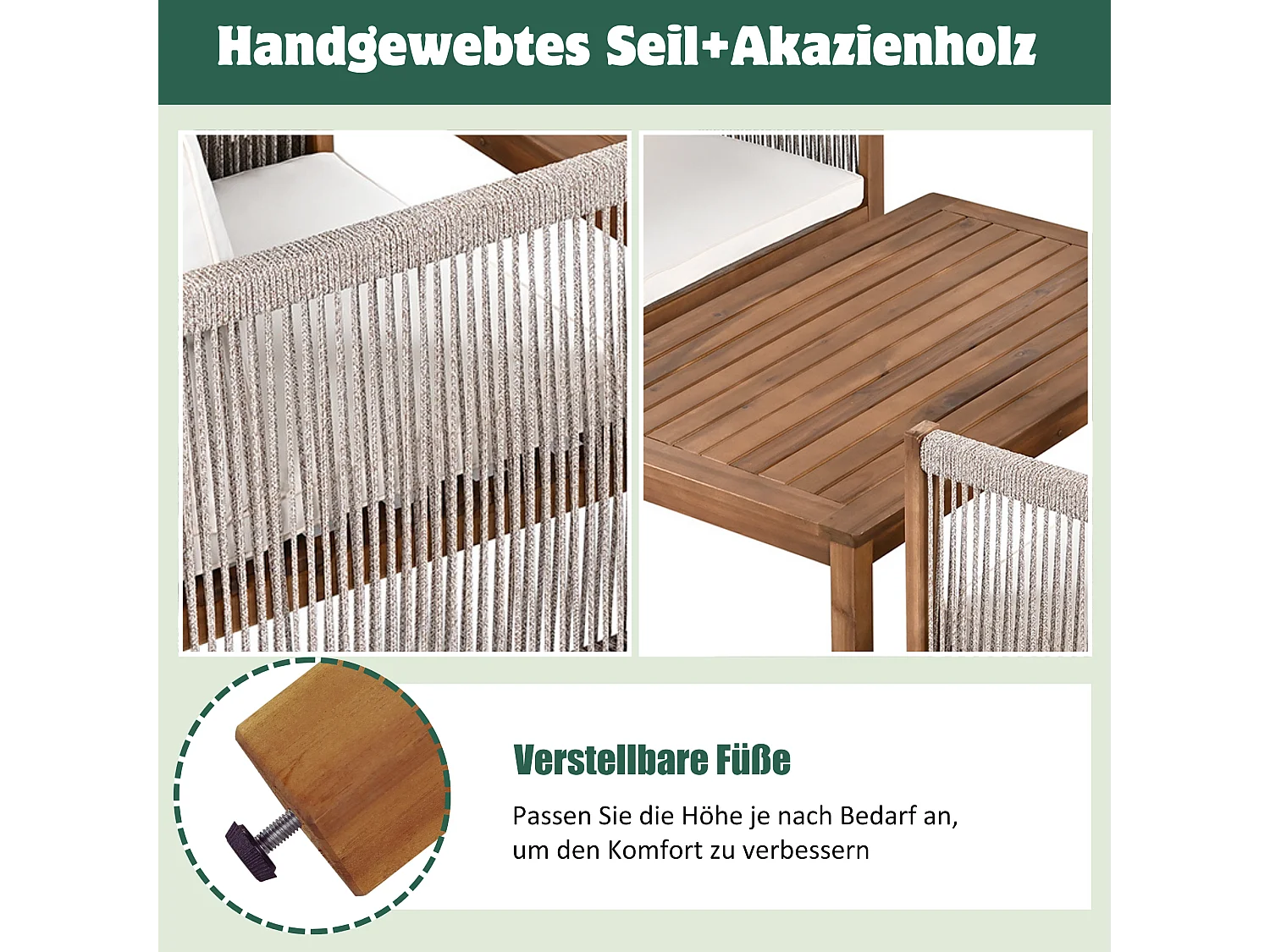 Salon de jardin modulable en bois d'acacia : 1 canapé 2 places + 2 fauteuils + 1 table basse - Beige