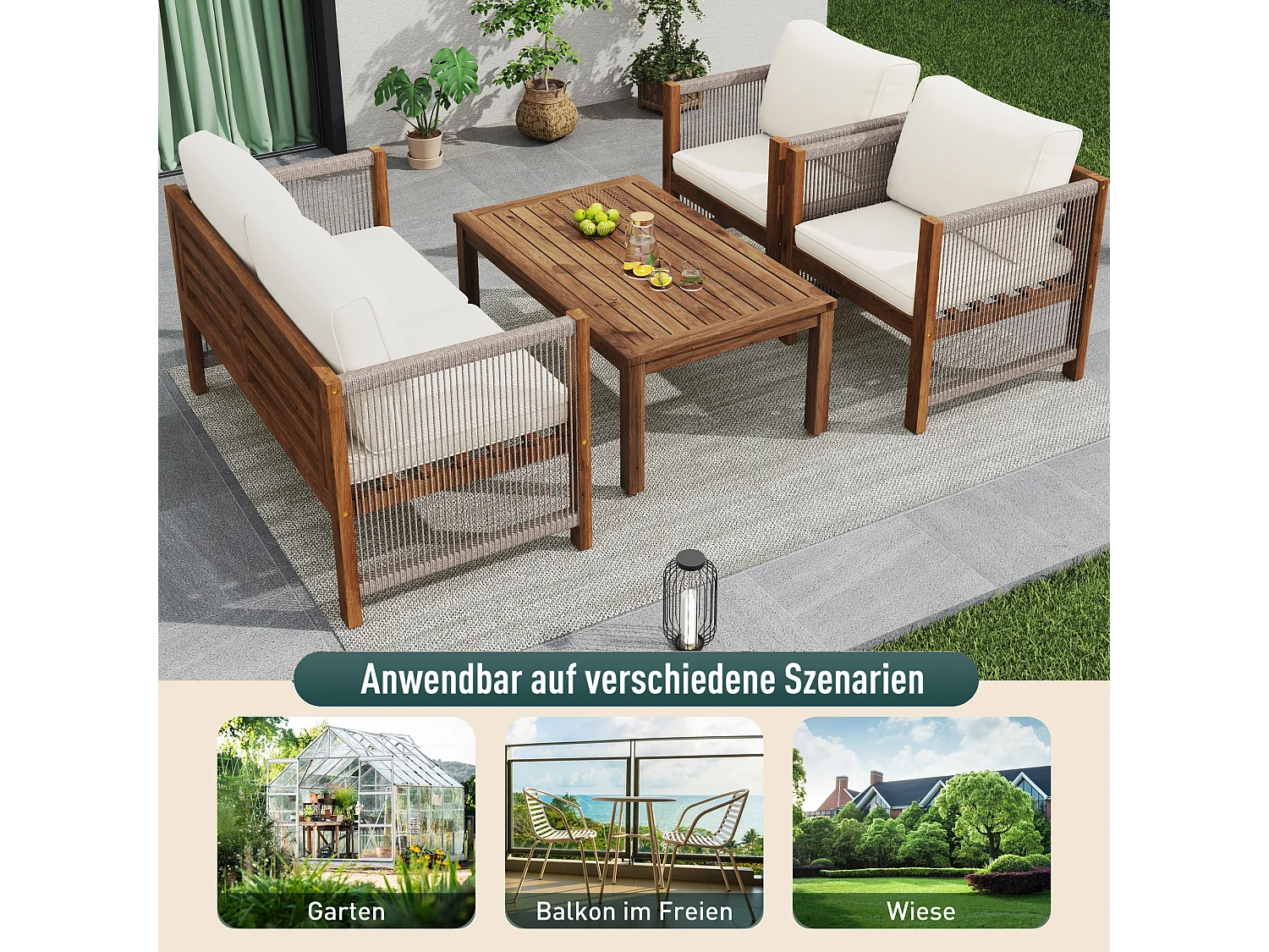 Salon de jardin modulable en bois d'acacia : 1 canapé 2 places + 2 fauteuils + 1 table basse - Beige