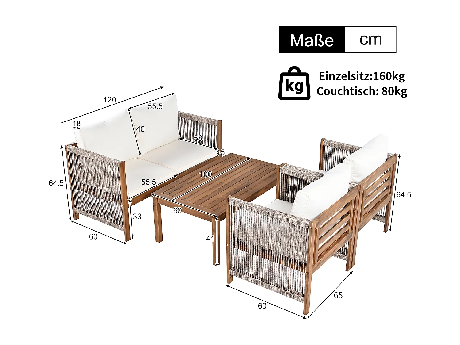 Salon de jardin modulable en bois d'acacia : 1 canapé 2 places + 2 fauteuils + 1 table basse - Beige