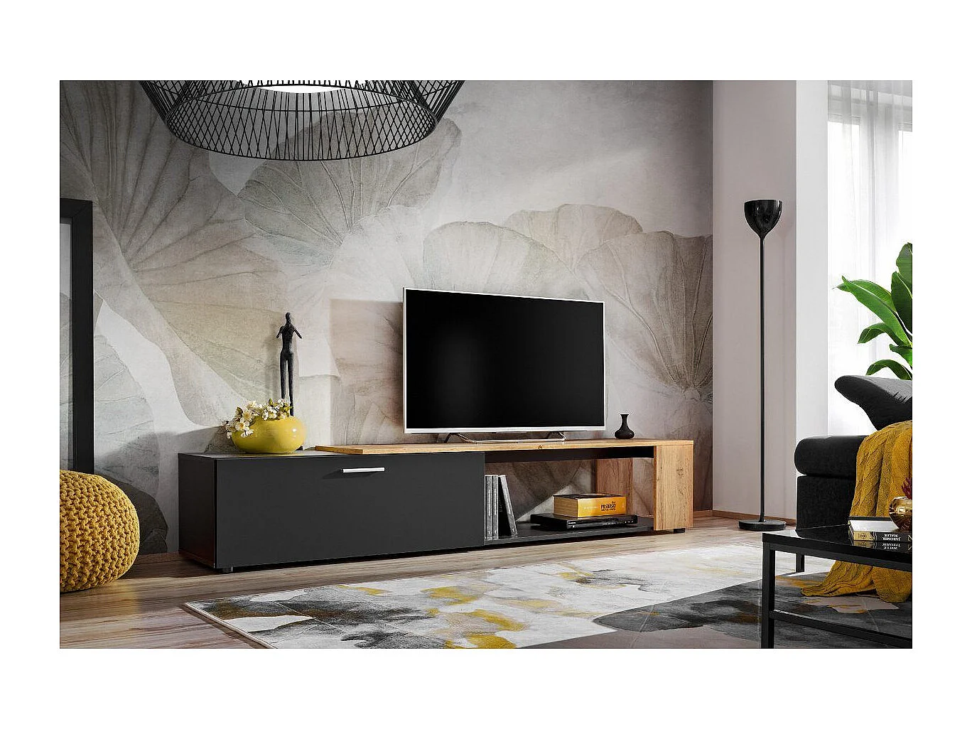 Meuble TV design "RTV Maze II" 200cm Noir & Naturel