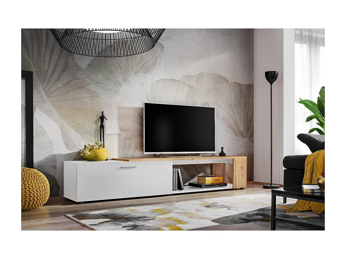 Meuble TV design "RTV Maze II" 200cm Blanc & Naturel