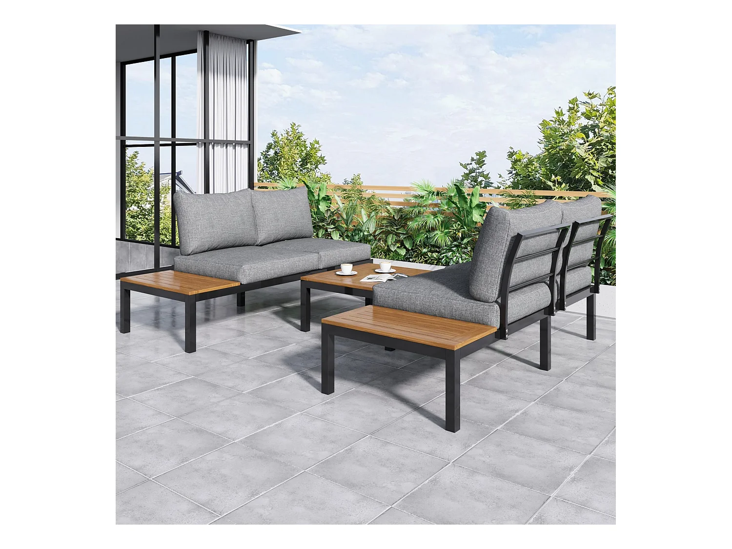 Muebles de jardín de acero galvanizado, mesa de café y sofá modular, pies ajustables, cojines grises