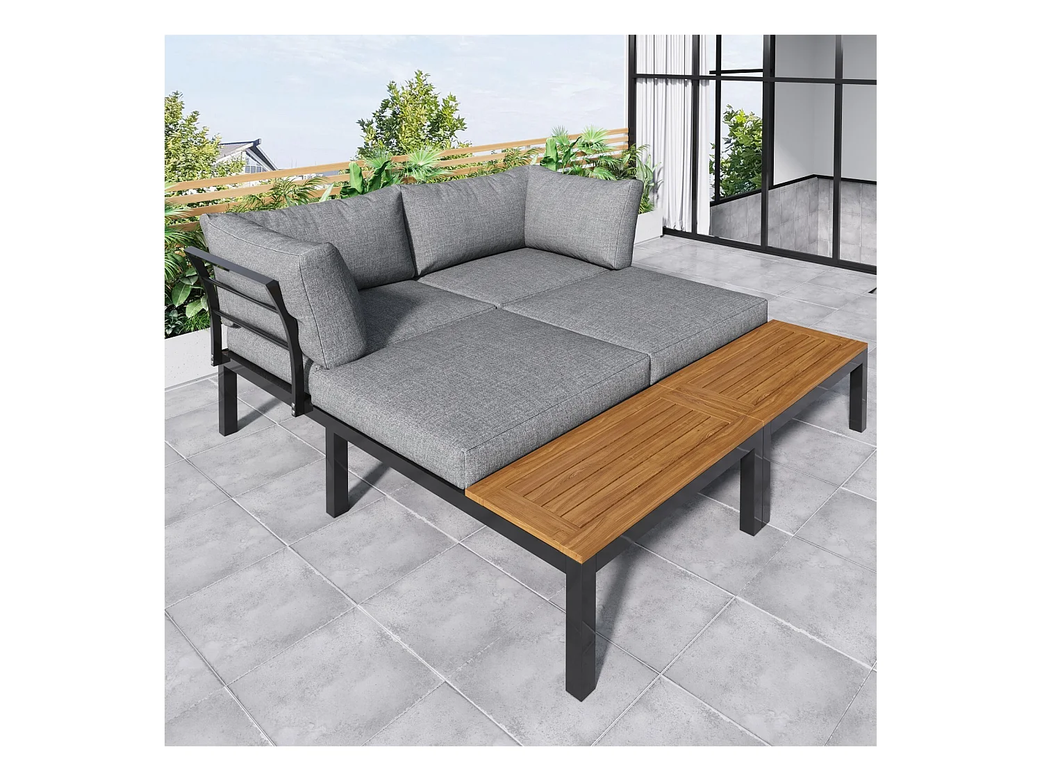 Salon de jardin en acier galvanisé, table basse et canapé modulable, pieds réglables, coussins gris