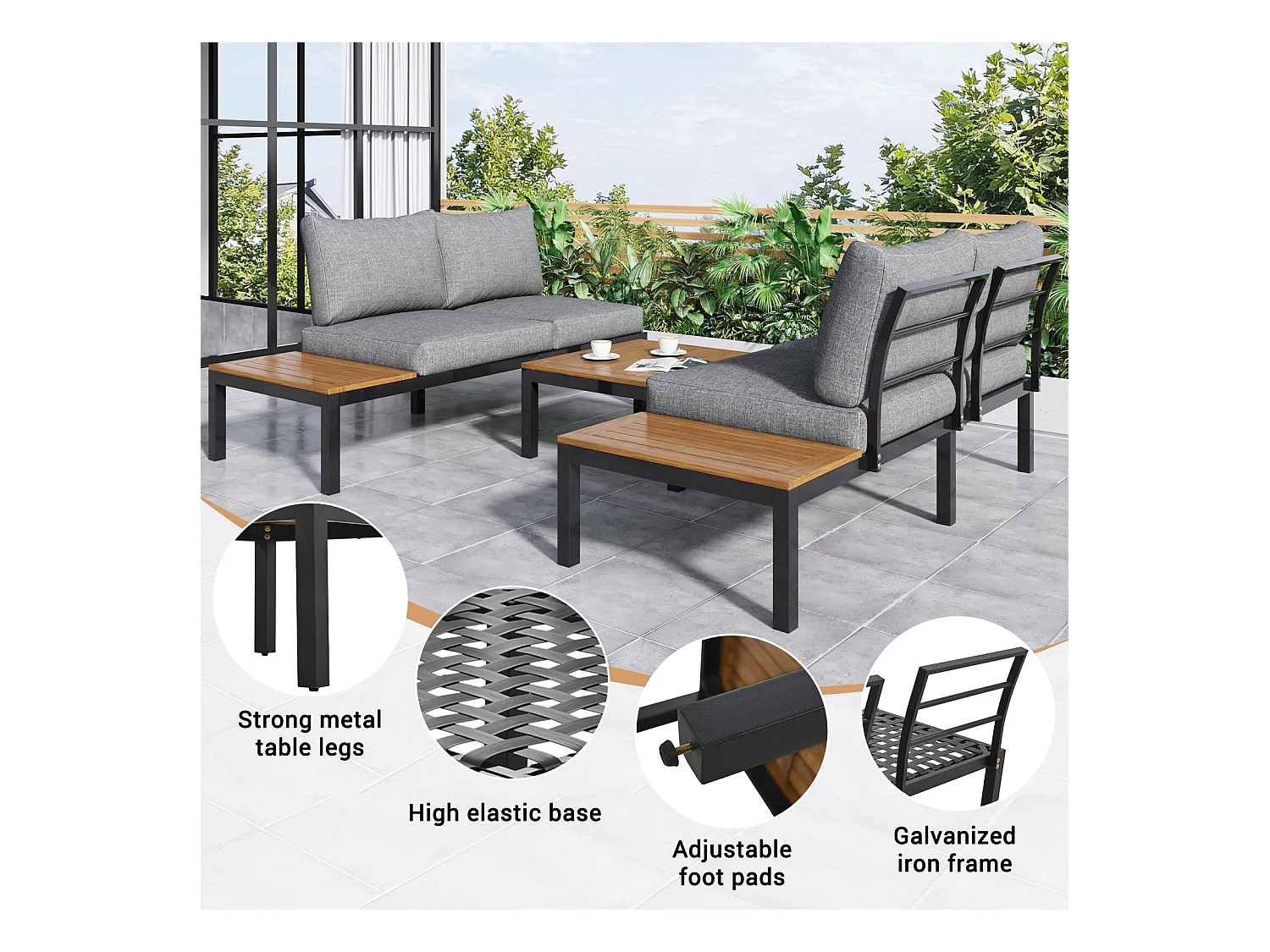 Salon de jardin en acier galvanisé, table basse et canapé modulable, pieds réglables, coussins gris