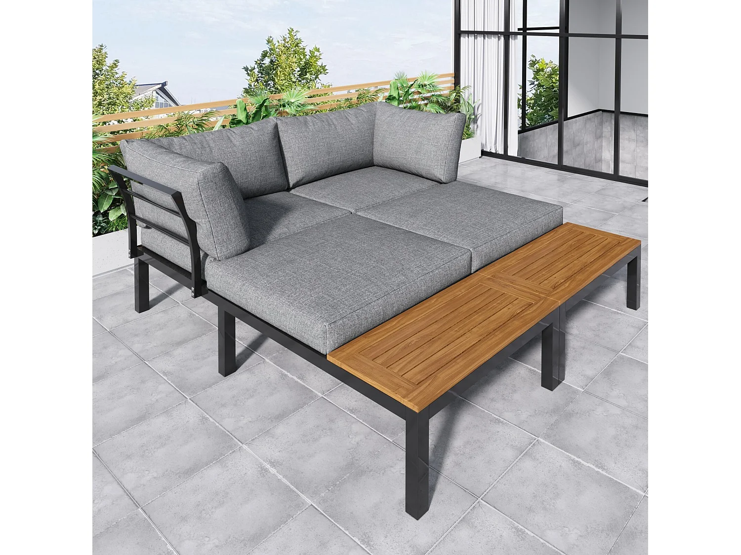 Muebles de jardín de acero galvanizado, mesa de café y sofá modular, pies ajustables, cojines grises