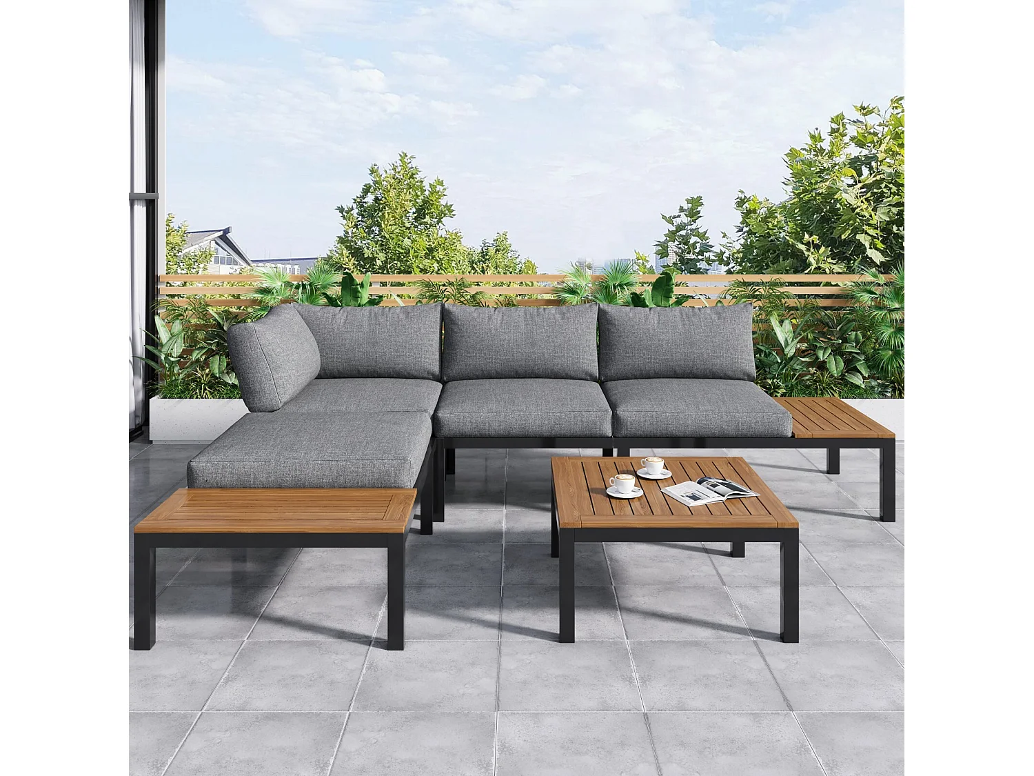 Muebles de jardín de acero galvanizado, mesa de café y sofá modular, pies ajustables, cojines grises