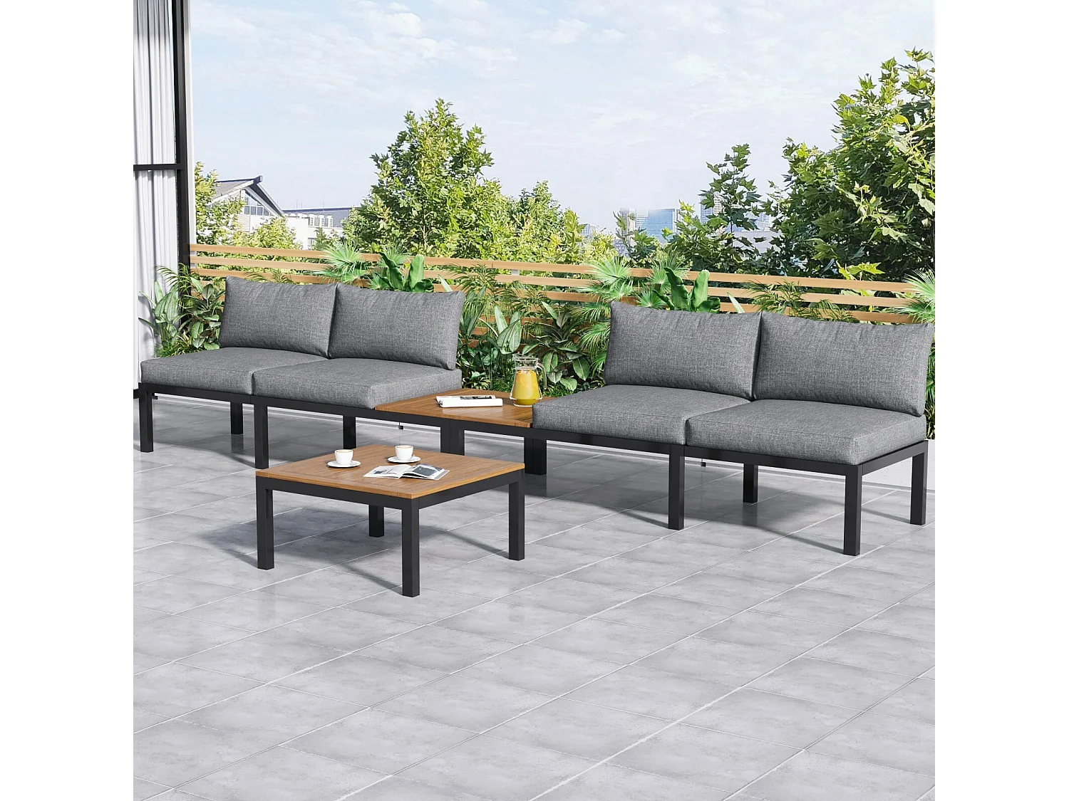 Muebles de jardín de acero galvanizado, mesa de café y sofá modular, pies ajustables, cojines grises