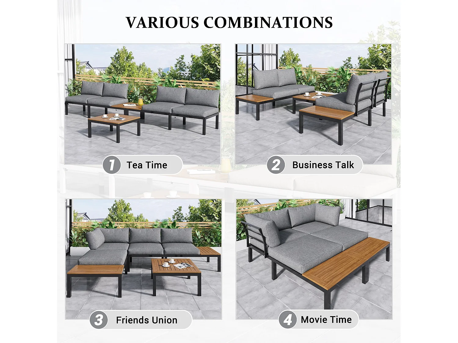 Muebles de jardín de acero galvanizado, mesa de café y sofá modular, pies ajustables, cojines grises