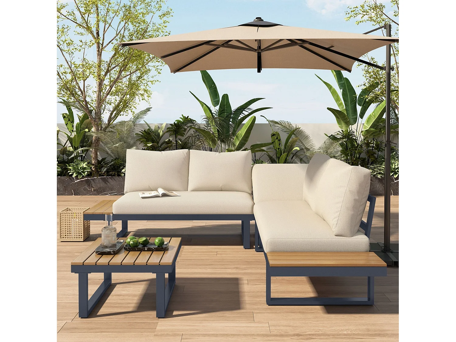 Salon de jardin en acier galvanisé - canapé et table basse - position d'angle 5 étapes réglable - coussins beige