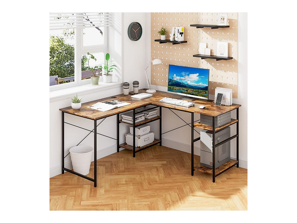 Bureau d'Angle - 151 x 151 x 75 CM - Ajustable à Bureau Droit,4 Etagère de Rangement,Grand Table pour 2 Personnes（Marron)