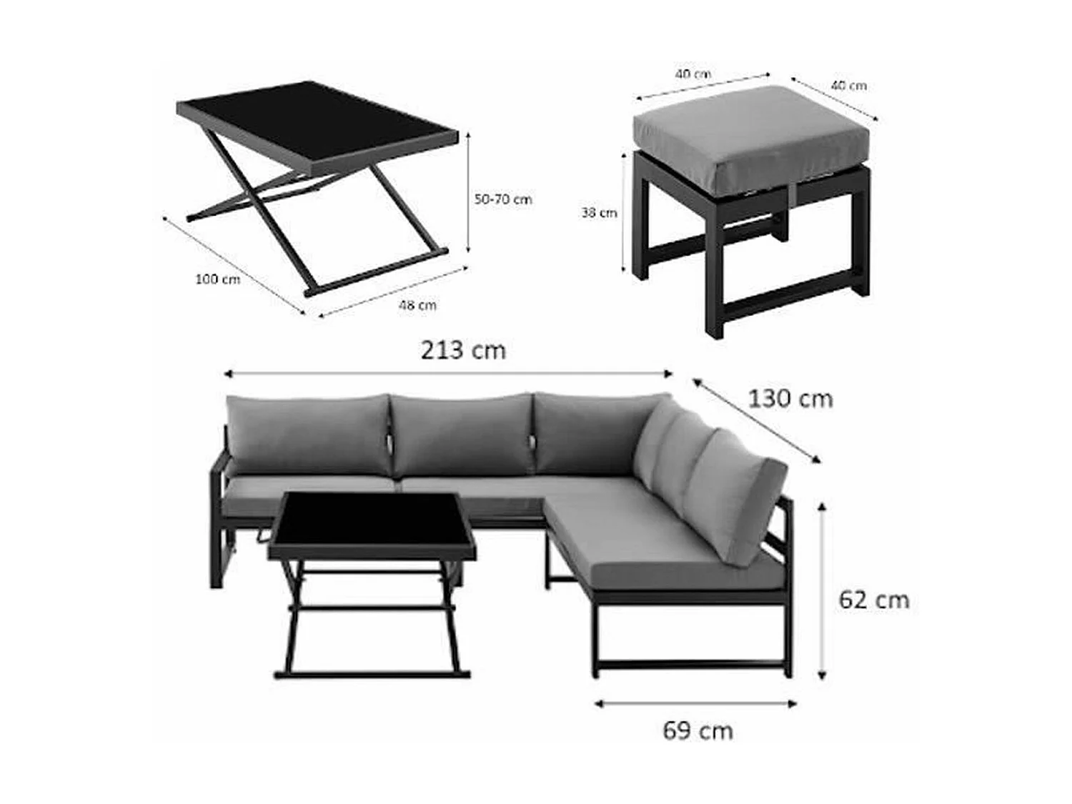 Mobili da giardino con struttura in alluminio con cuscini 7 persone hipu grigio