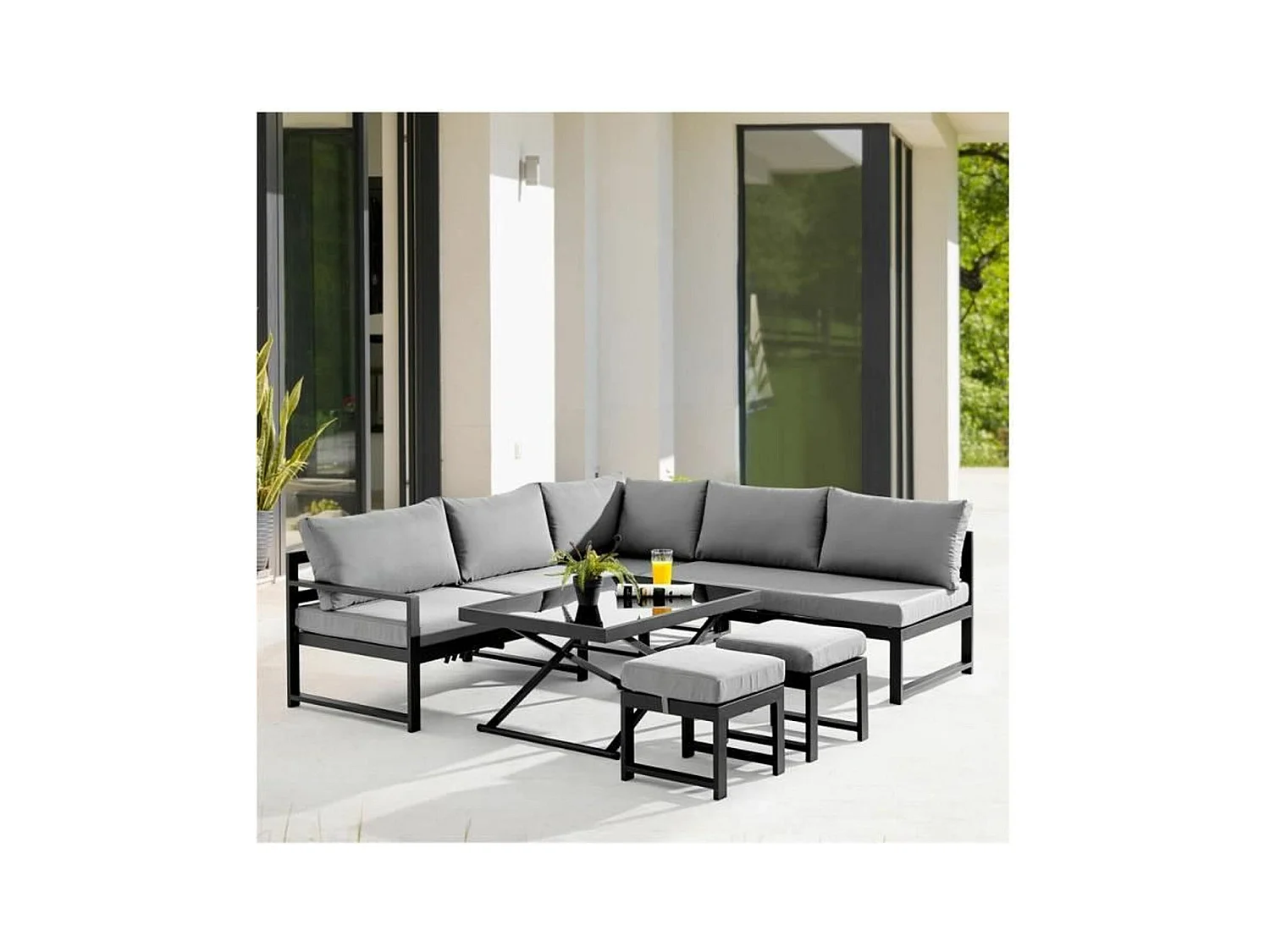 Salon de jardin avec structure en aluminium avec coussins - 7 personnes - Hipu - Gris