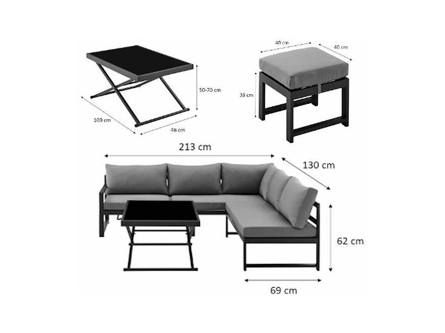 Gartenmöbel mit Aluminiumstruktur mit Kissen für 7 Personen Hipu – Grau