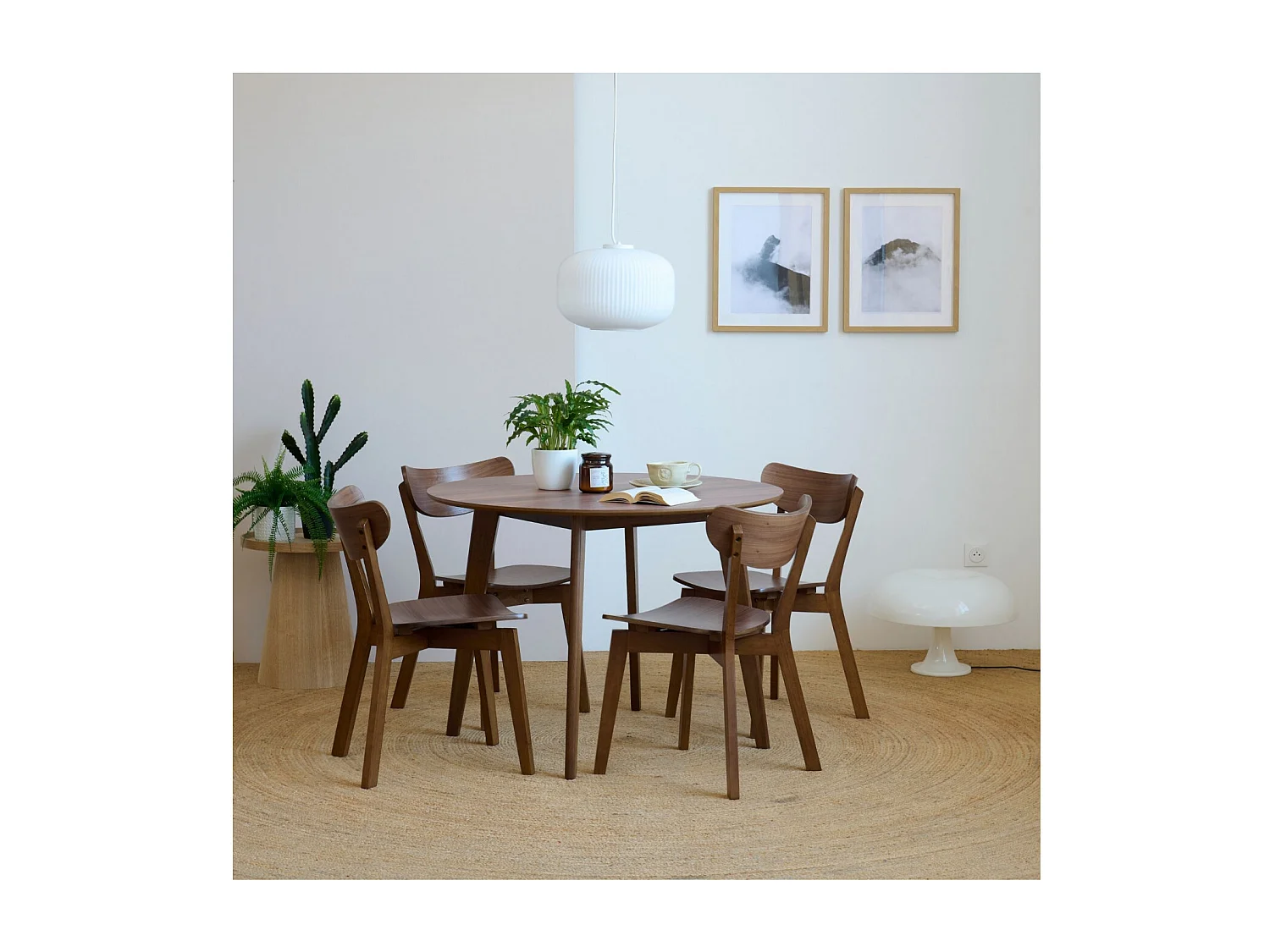 Table ronde en bois noyer D105 + 4 chaises noyer - LETA