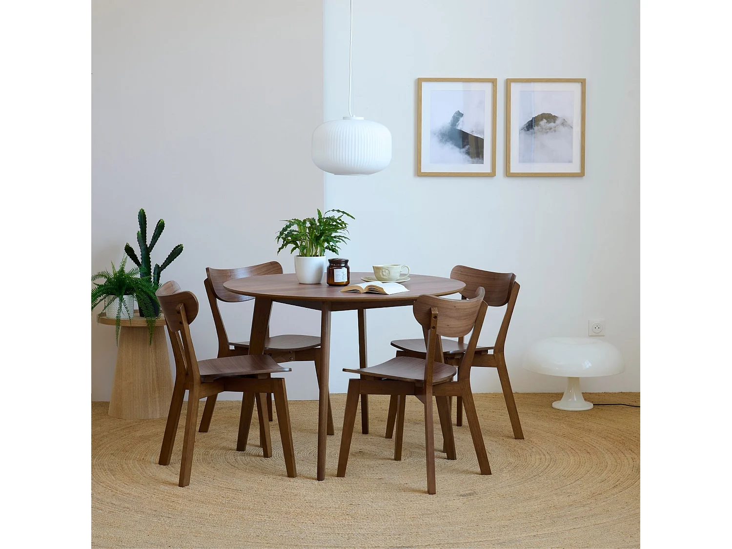 Table ronde en bois noyer D105 + 4 chaises noyer - LETA
