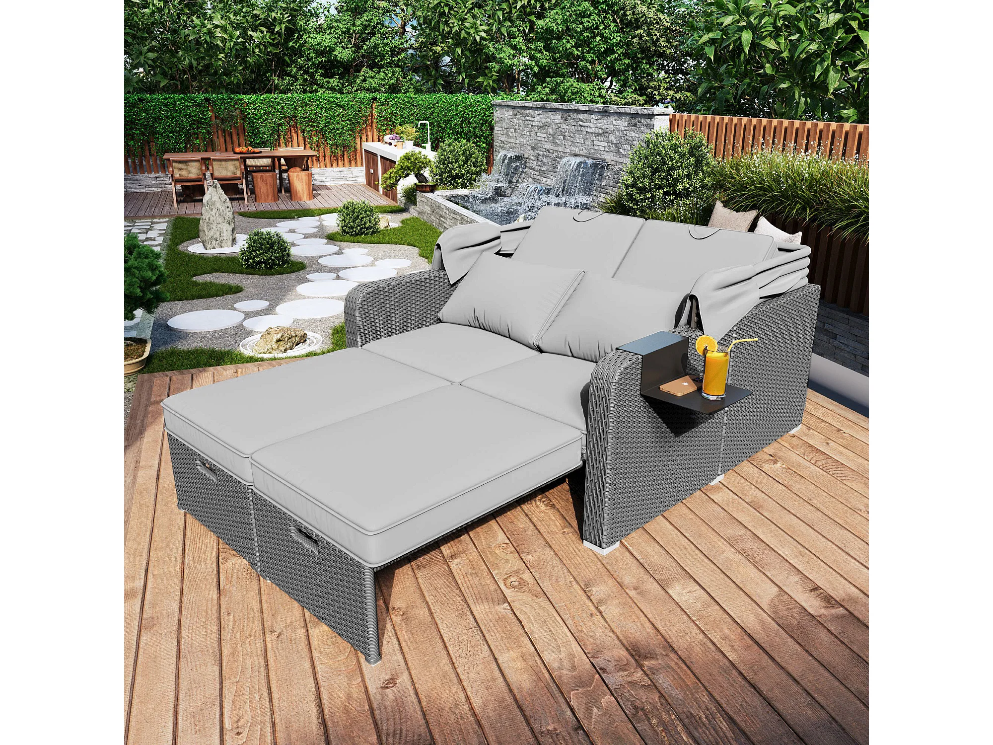 Polyrotan tuinmeubelen voor 2 personen, tuinbank, loungebank, afneembaar zonnescherm, grijs