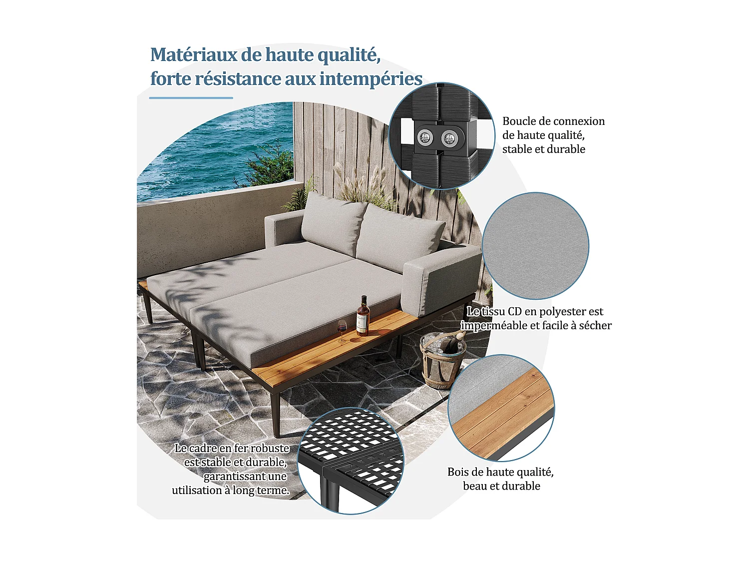 Chaises longues d'extérieur, lits doubles, canapés de terrasse, chaises longues doubles