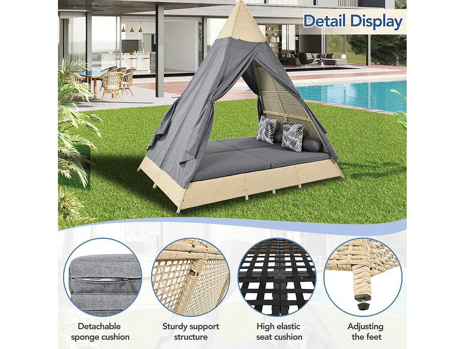 Conjunto de sala de jardim para 2 a 4 pessoas, tenda de vime, vime bege, cortina de porta cinzenta, almofadas removíveis e laváveis