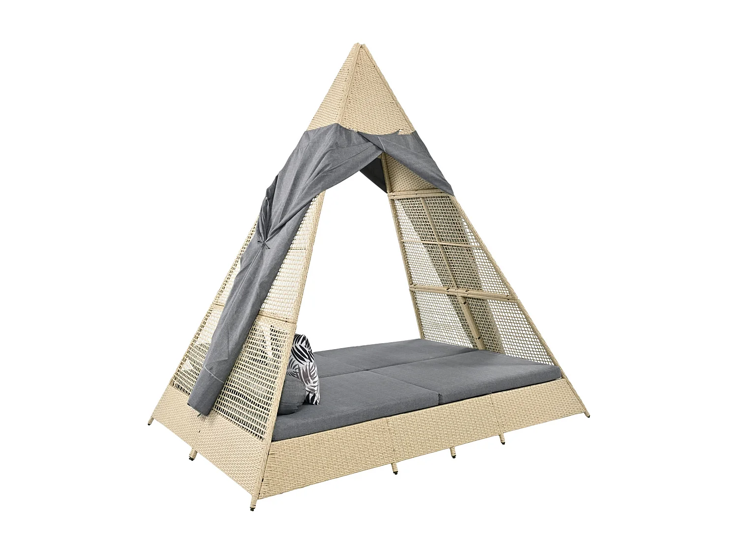 Conjunto de sala de jardim para 2 a 4 pessoas, tenda de vime, vime bege, cortina de porta cinzenta, almofadas removíveis e laváveis