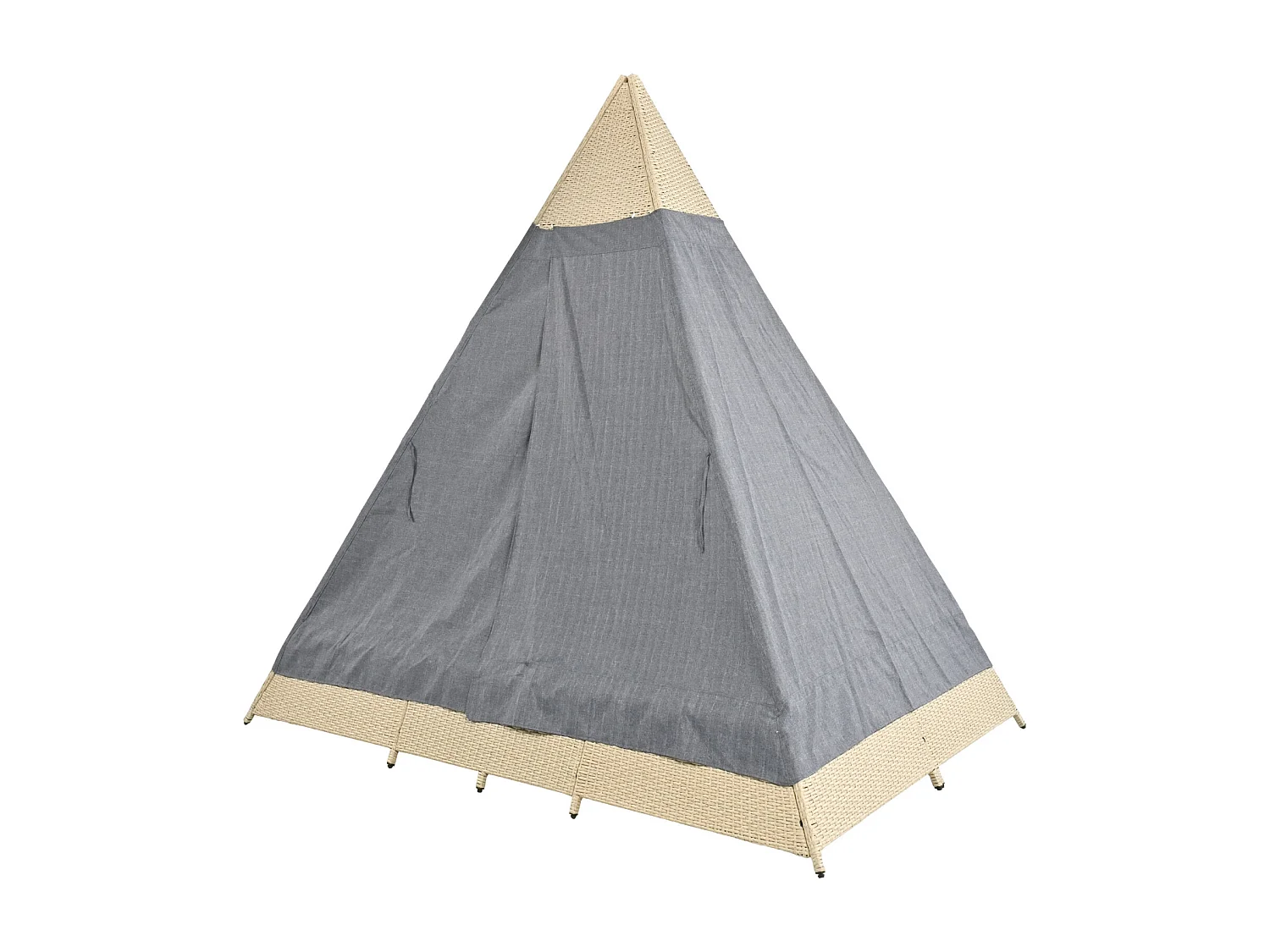 Conjunto de sala de jardim para 2 a 4 pessoas, tenda de vime, vime bege, cortina de porta cinzenta, almofadas removíveis e laváveis