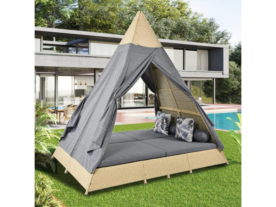Conjunto de sala de jardim para 2 a 4 pessoas, tenda de vime, vime bege, cortina de porta cinzenta, almofadas removíveis e laváveis