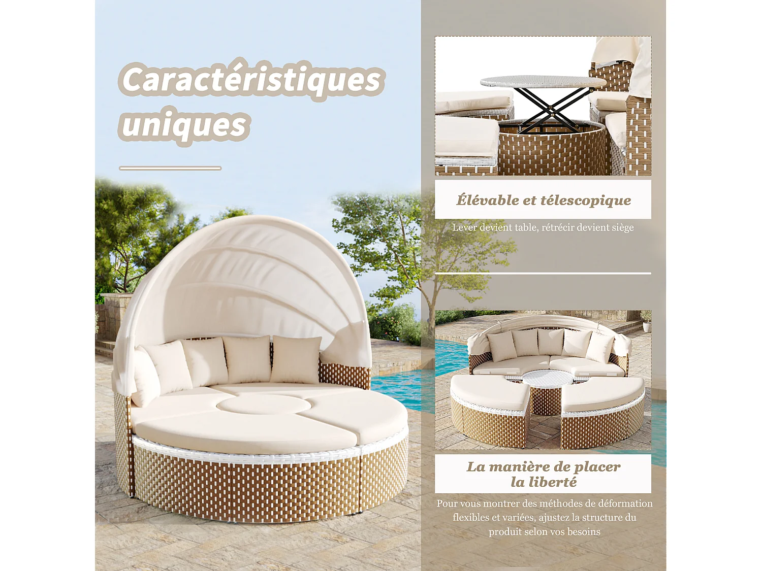 Set di sedie da giardino, Sun Island, set di tavolo e sedie da giardino, baldacchino estensibile, piano del tavolo sollevabile, beige