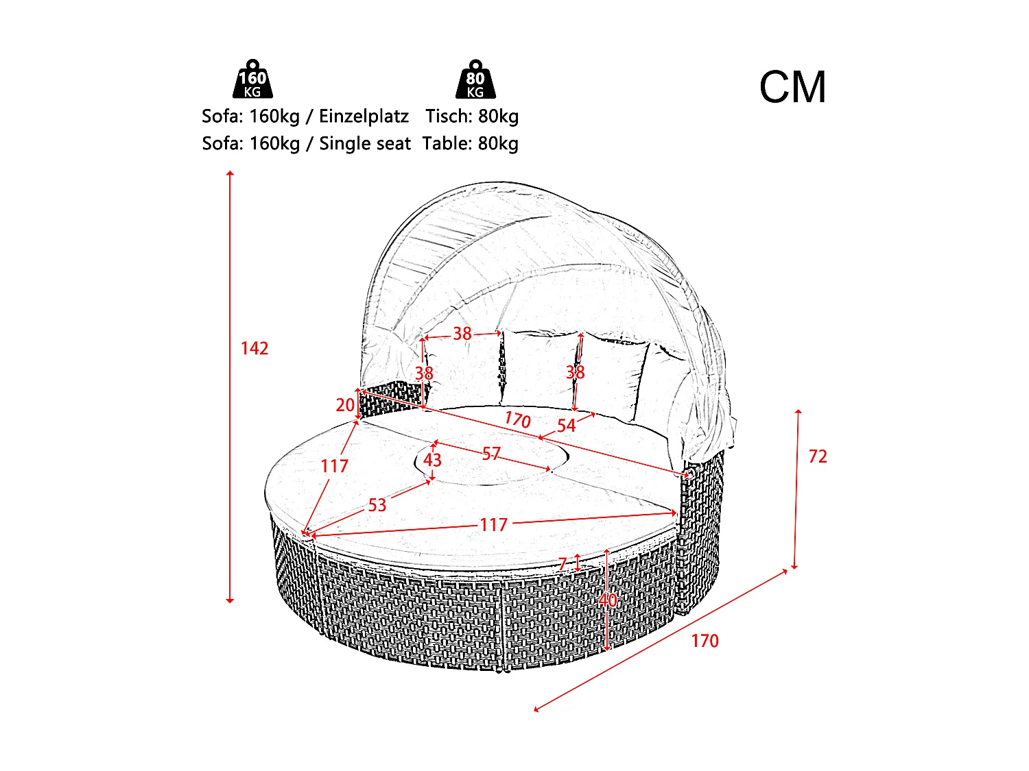 Set di sedie da giardino, Sun Island, set di tavolo e sedie da giardino, baldacchino estensibile, piano del tavolo sollevabile, beige