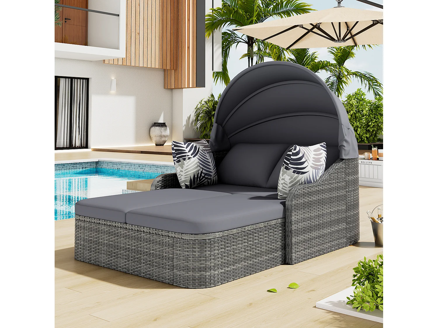 Sun island, salon de jardin, salon double, avec auvent réglable, avec 4 coussins et housse de coussin amovible, gris